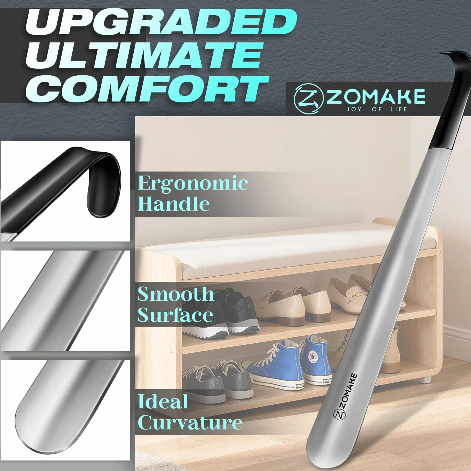 ZOMAKE Łyżka Do Butów Metalowa Długa 2Szt,Długa Łyżka Do Buty Ze Stali Nierdzewnej 42cm - Srebrna Łyżka Do Stóp Długa Stajnia Z Gumowym Pokrowcem Dla Seniorów (42cm 2Szt)