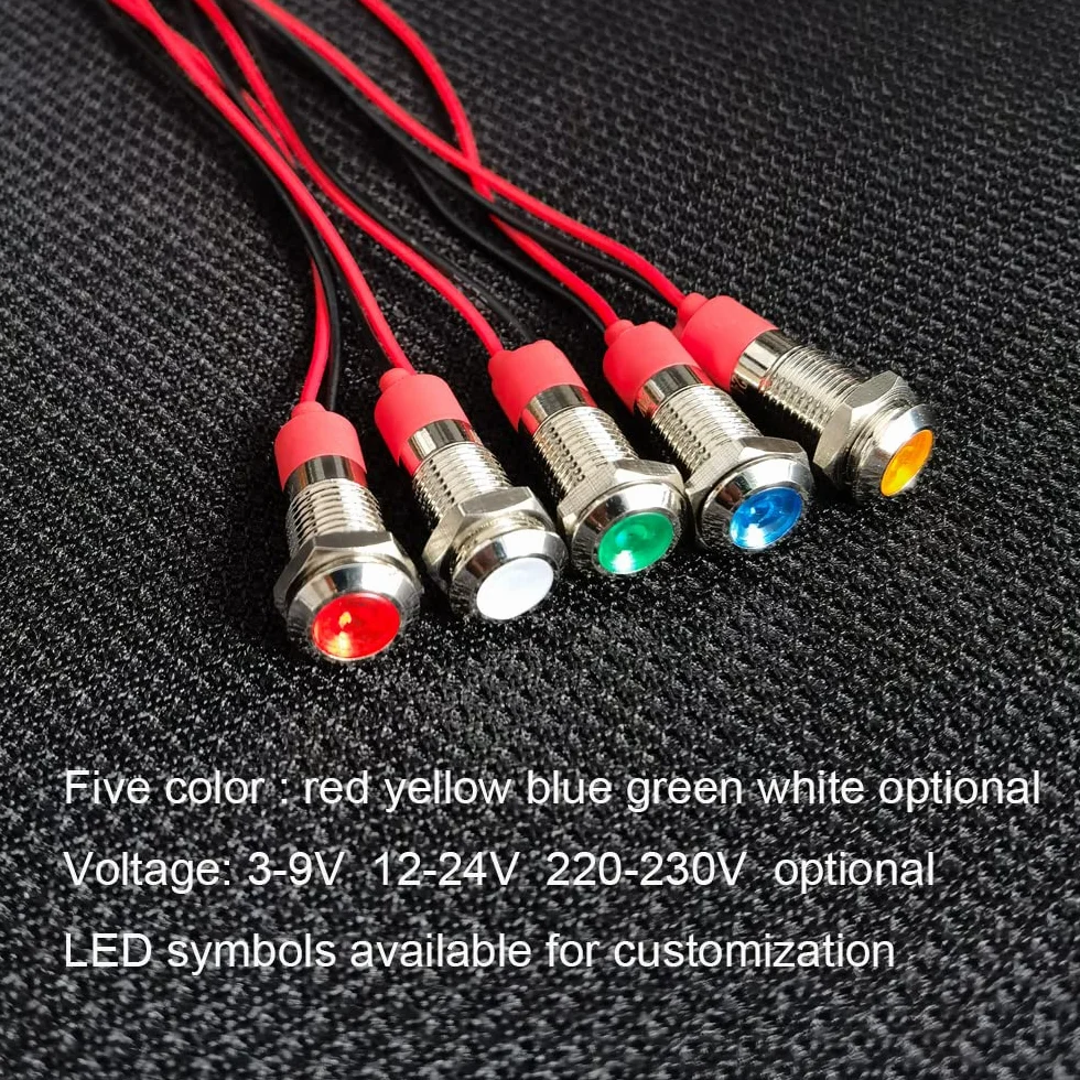 GUUZI 8mm Lampka Kontrolna LED 12-24V Wodoodporna Lampka Sygnalizacyjna Panel Metalowy Wskaźnik LED Lampka Sygnalizacyjna Mocowanie Panelu Głowica Płaska z Przewodami Srebrny Skorupa(Zielony, 6 szt)