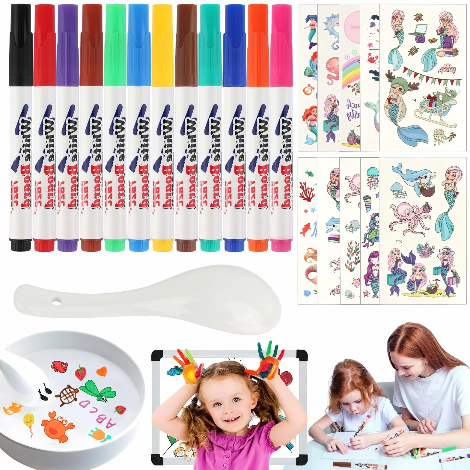 12 sztuk magicznych pisaków do malowania wodnego, magiczne pisaki dla dzieci, magiczne pisaki nadają się do prania, 1 ceramiczna łyżeczka, 10 naklejek do tatuażu syrenki do rysowania, graffiti