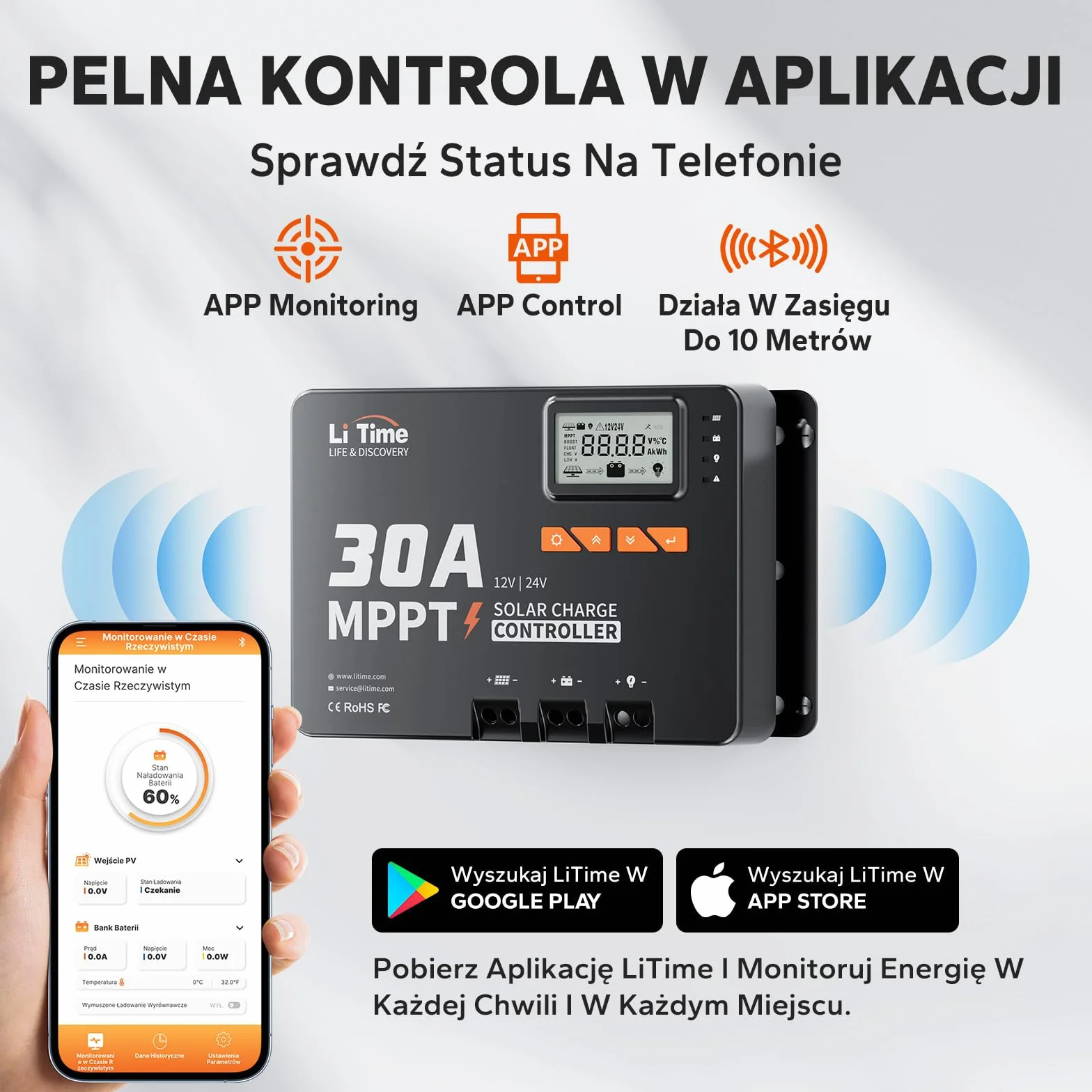 LiTime Regulator Ładowania Solarnego 30A, MPPT Solarny Regulator Ładowania 12V Dzięki Adapterowi Bluetooth, Regulowanemu Wyświetlaczowi LCD, Kontroler MPPT Nadaje Się do Użytku z Bateriami Litowymi