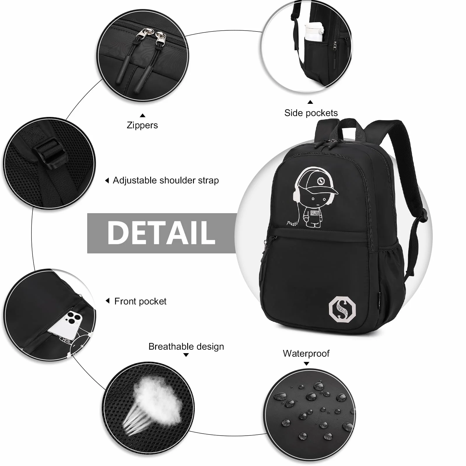 Kono Świecący plecak szkolny zestaw 3 w 1, anime chłopięcy tornister, torba crossbody, piórnik, plecak na laptopa 15,6 cala dla studentów, nastolatków, dziewcząt, Czarny, Chłopięca świecąca torba na