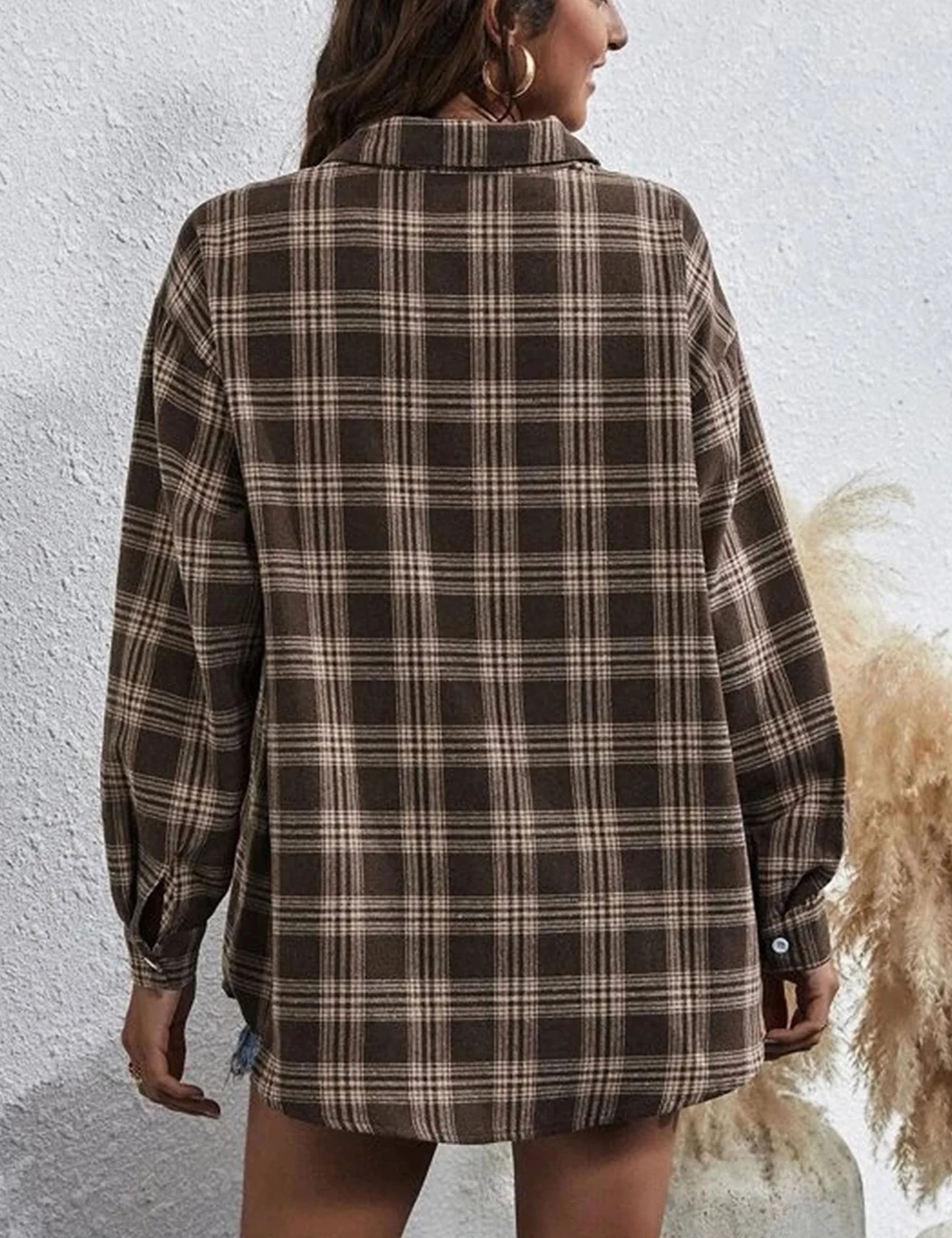 Koszula flanelowa w kratę dla kobiet oversize z długim rękawem zapinana na guziki