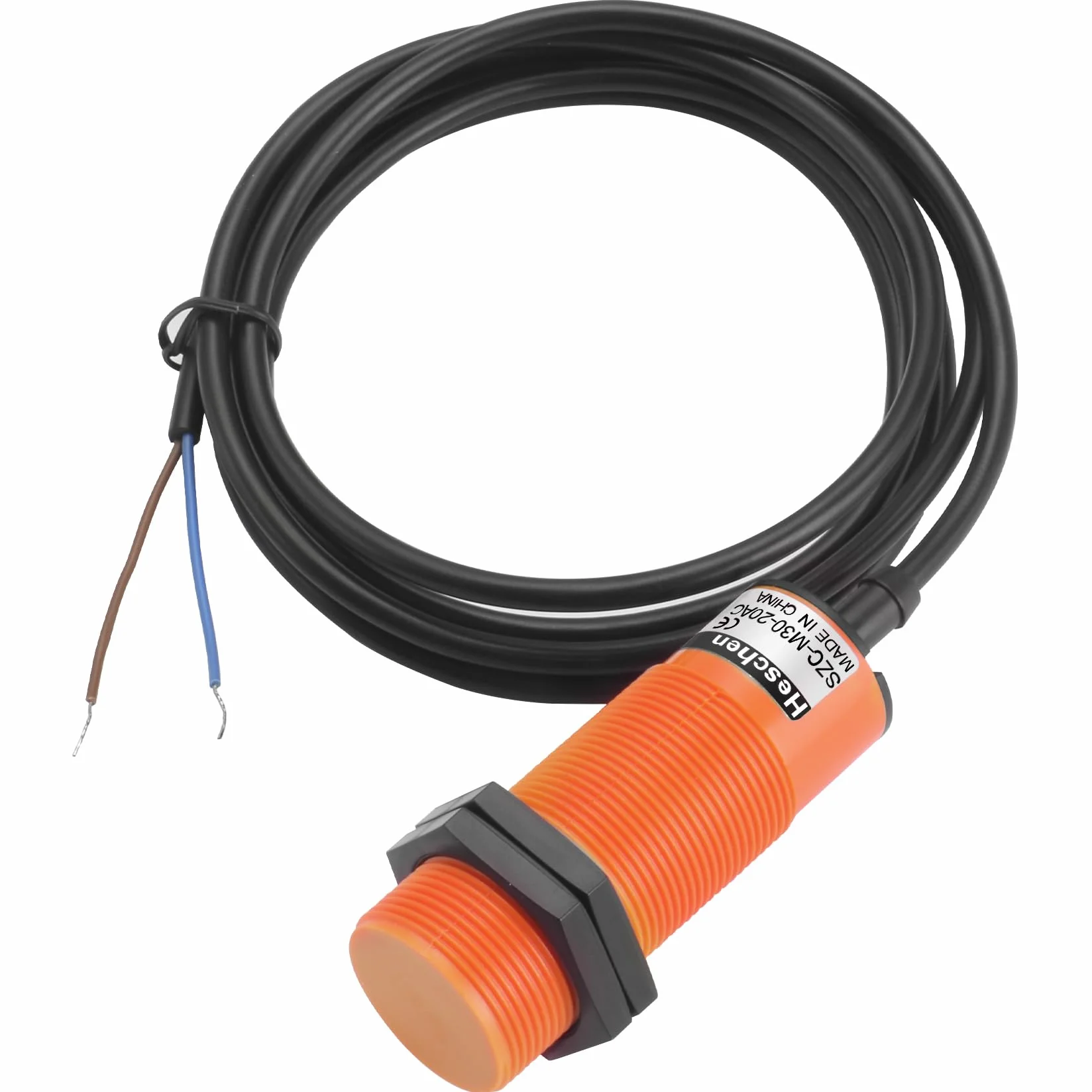 Heschen Pojemnościowy czujnik zbliżeniowy M30, SZC-M30-20AC, odległość wykrywania 1-20 mm, 20-250 VAC 400mA, normalnie zamknięty (NC), 2 przewody