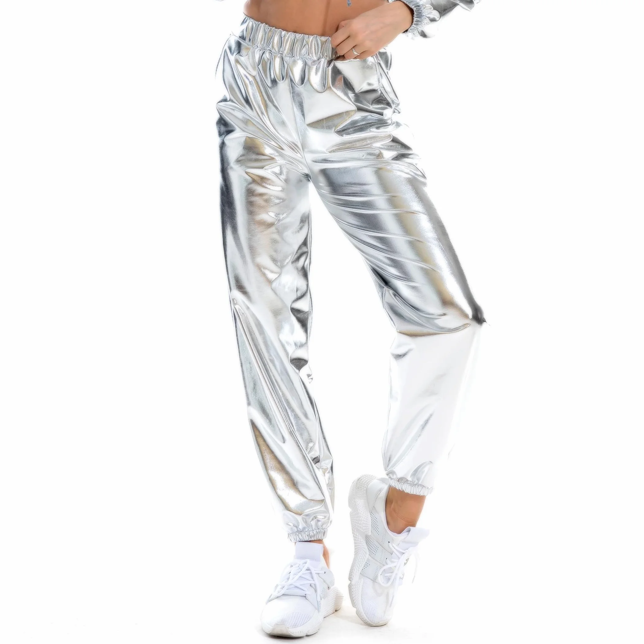 NewL Damskie metaliczne błyszczące joggery na co dzień holograficzne kolorowe spodnie streetwear hip-hop moda gładkie elastyczne spodnie