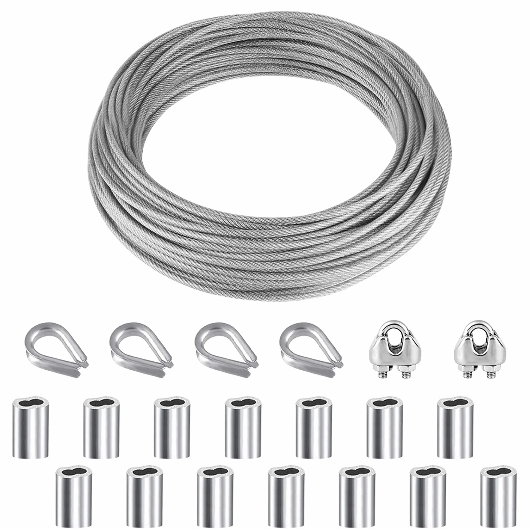 YSDMY Lina stalowa Stal nierdzewna 10 m Lina stalowa Drut ogrodowy 2 mm powlekany PVC | Zacisk linowy Zacisk linowy M2 | Kausze do lin stalowych 2 mm | Tuleje aluminiowe zacisk aluminiowy 2mm