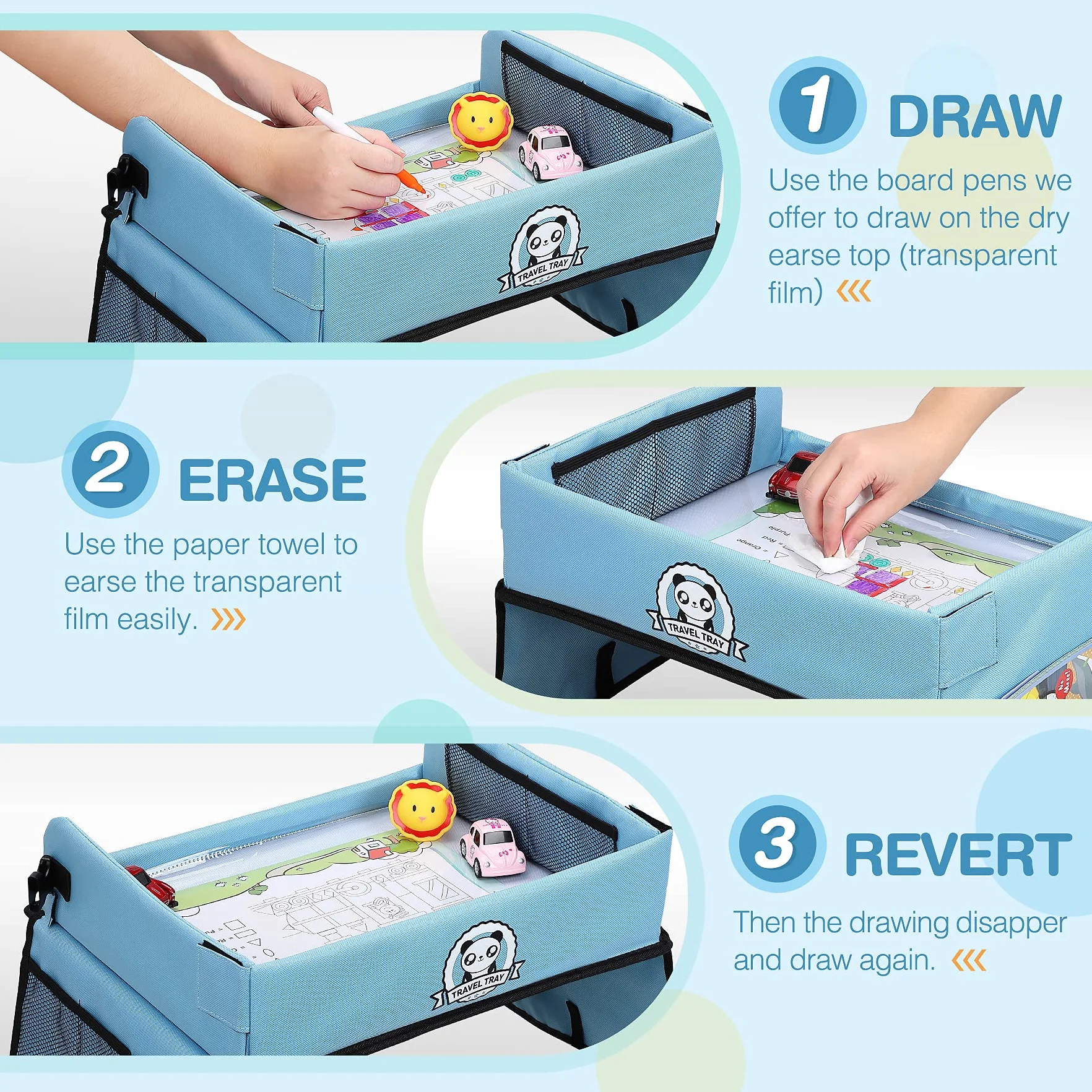 COOLJOY Stolik podróżny dla dzieci z 5 obrazkami + 6 pędzlami, rysowanie na tablicy, wielofunkcyjna zabawka, przenośna podkładka, regulowany samochodowy fotelik dziecięcy, niebieski