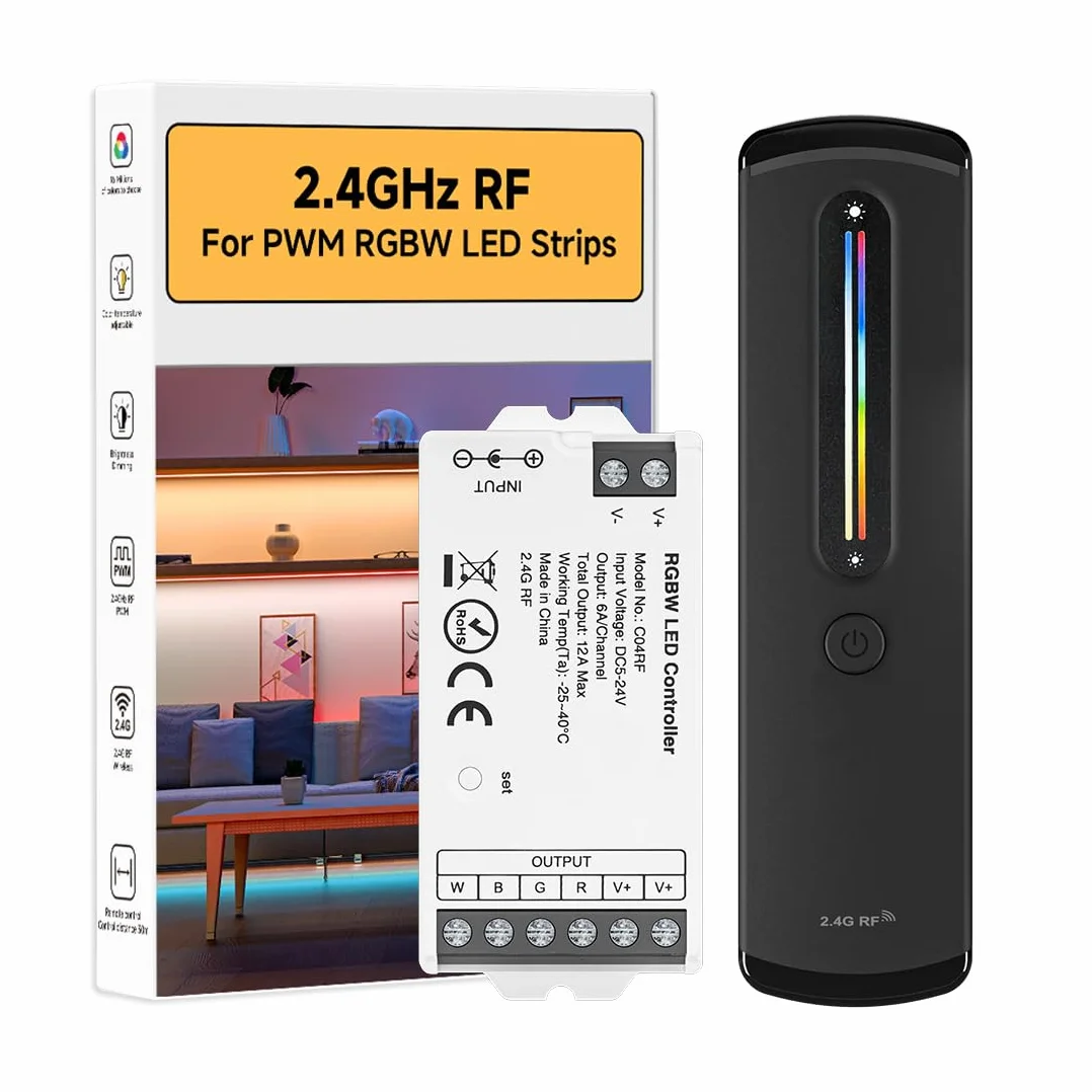 BTF-LIGHTING RC09RFB+C04RF 2,4GHz RF bezprzewodowy kontroler zestaw do PWM 5-pinowy (+ R G B W) FCOB SMD RGBW LED taśma z regulacją jasności 5 V/12 V/24 V, wymaga bramki Tuya GW01W (sprzedawana