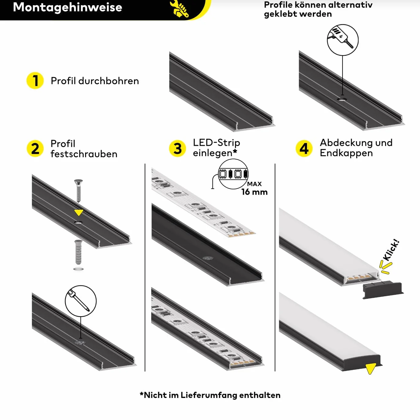 Profil aluminiowy do taśm LED | 200 cm | 2m | Profil natynkowy | w zestawie osłona + akcesoria | dla 12 mm taśm LED (Profil aluminiowy CZARNY z mleczną osłoną) | Leine