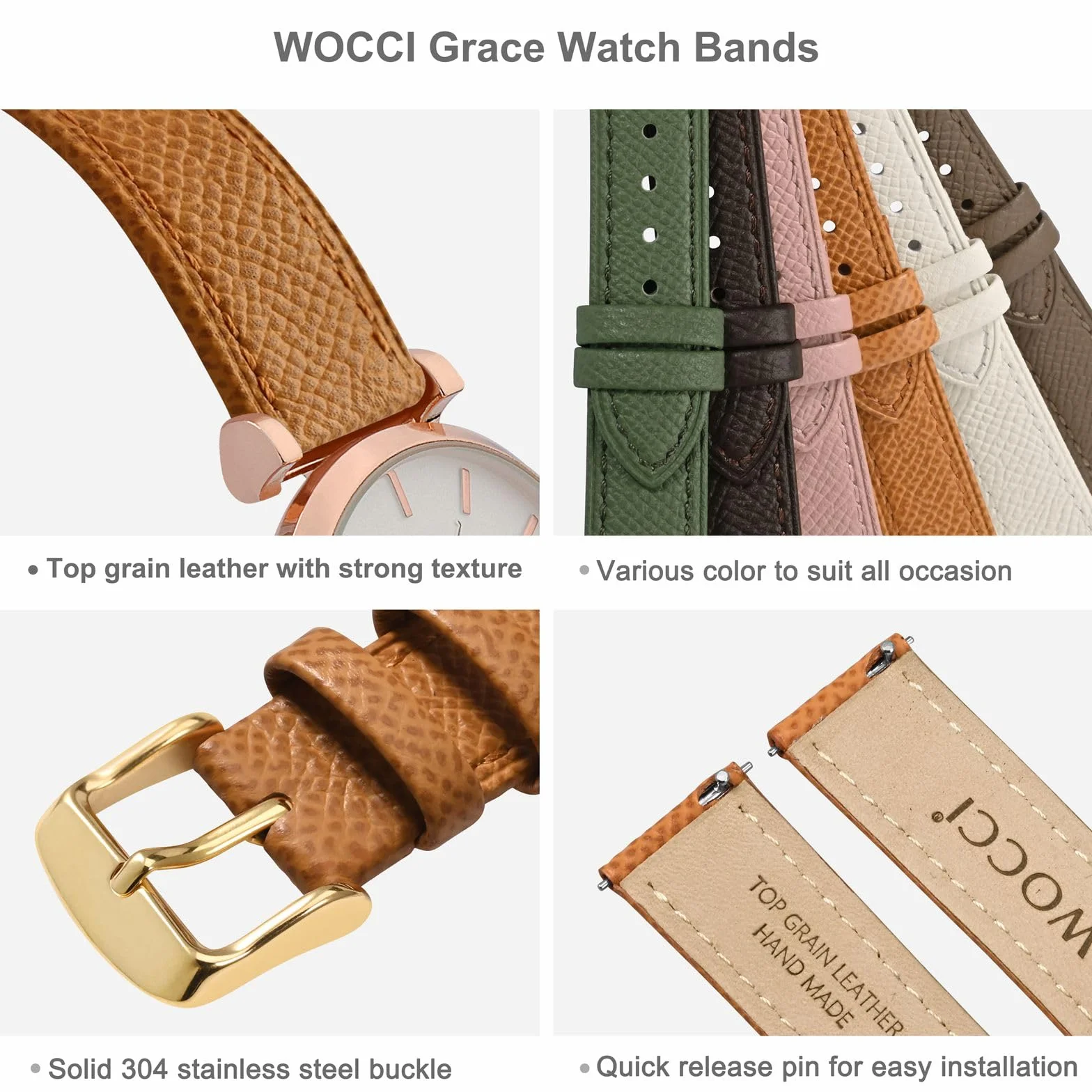 WOCCI Grace Watch Pasek do zegarka, skóra licowa, szybkie zapięcie, Quick Release, klamra ze stali nierdzewnej, szerokość paska 12, 14, 16, 18, 20 mm