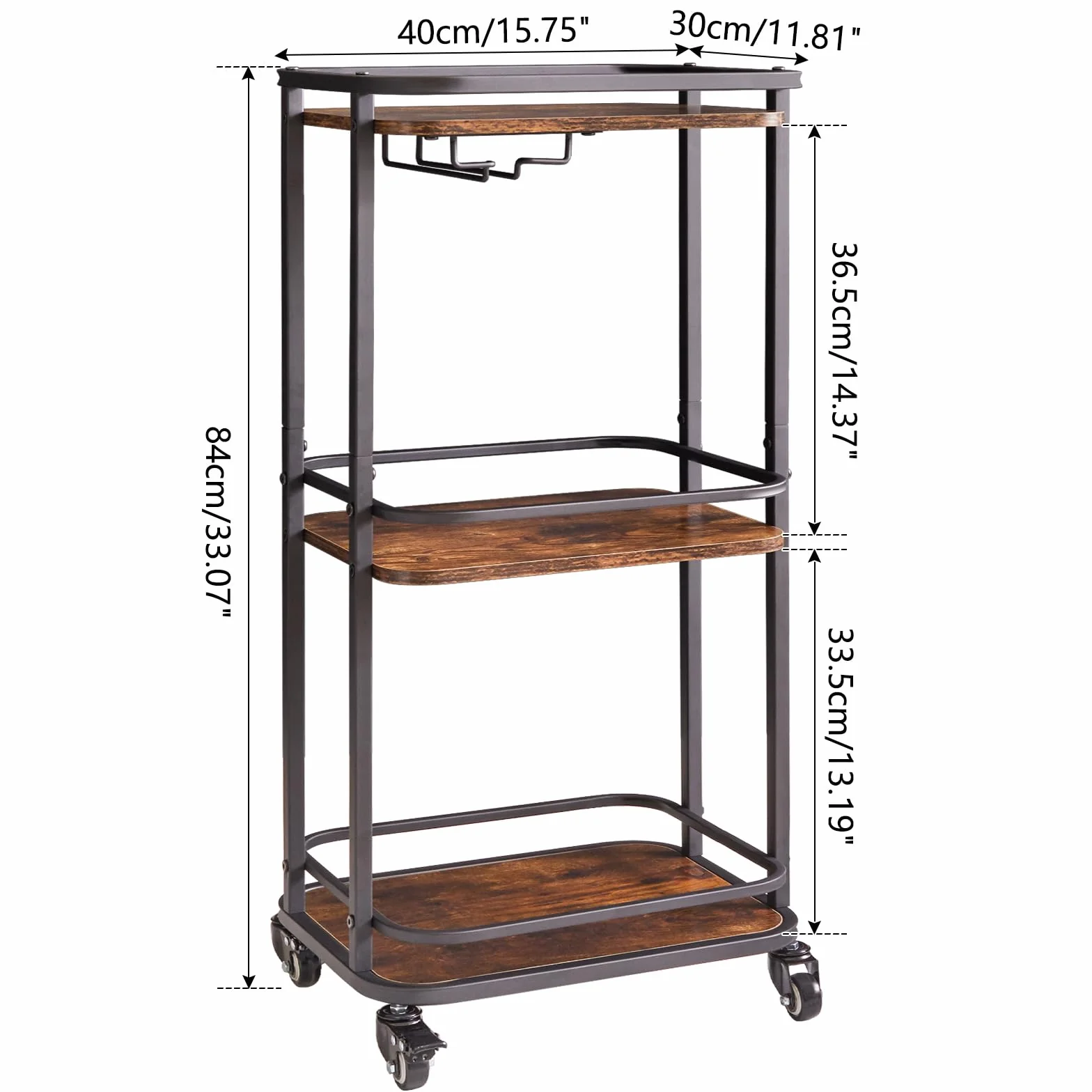 IBUYKE TMJ319H 3-poziomowy wózek do serwowania, kuchenny wózek do przechowywania z kółkami, 30 x 15,75 x 33,07 cm, do domu, na zewnątrz, kuchni, sypialni