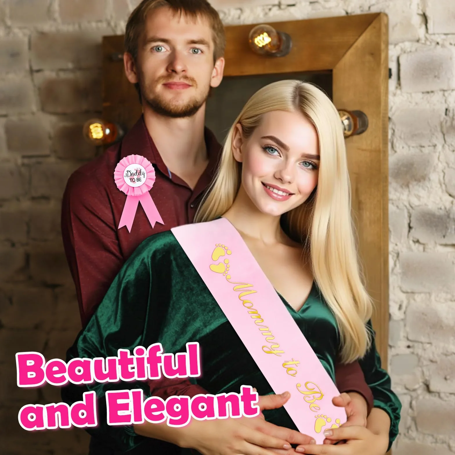 Szarfa 'Mom to Be' ze złotymi brokatowymi literami i odznaką 'Expecting Dad' w zestawie ze wstążką, dekoracje na baby shower dla dziewczyny, prezent na imprezę ujawniającą płeć (różowy)