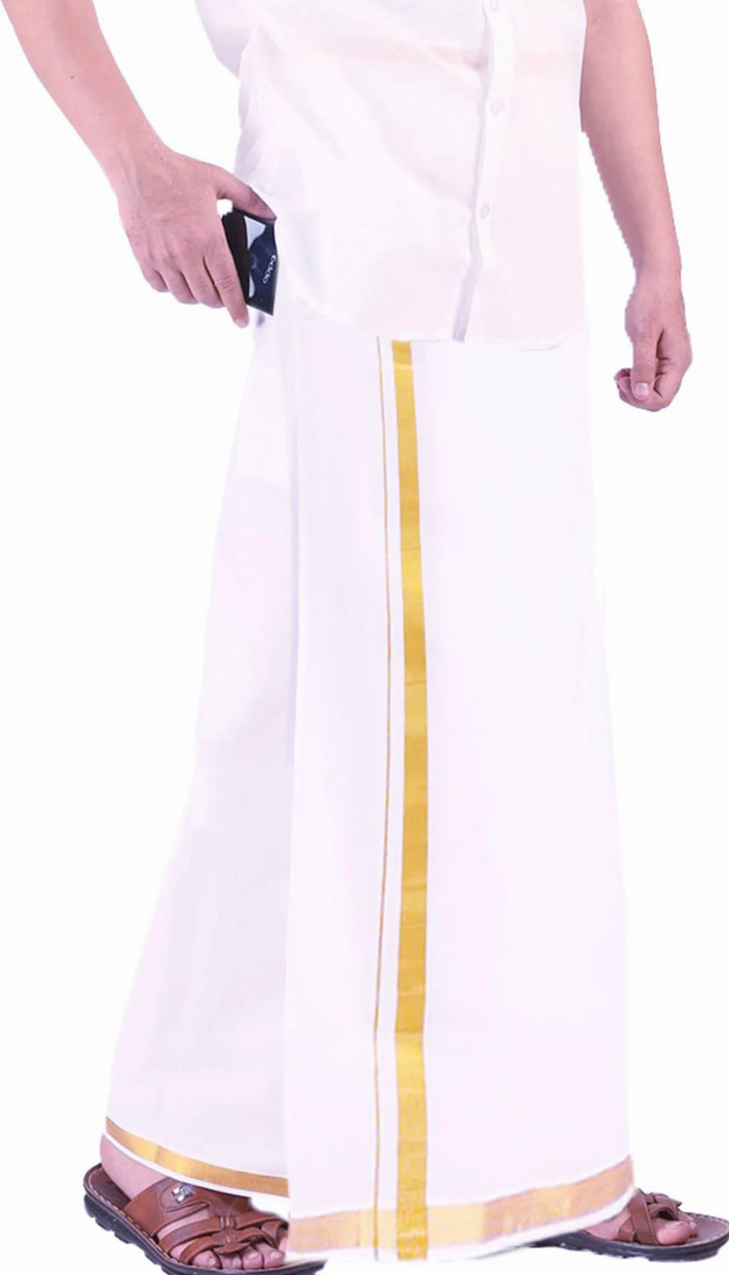 PRAKASAM COTTON Męski kremowy kolor wysokiej jakości Welcro Pocket Jari Cotton Double Dhoti (PC-VEL-PKT-DBL-CREAM-SS-), biały, 30