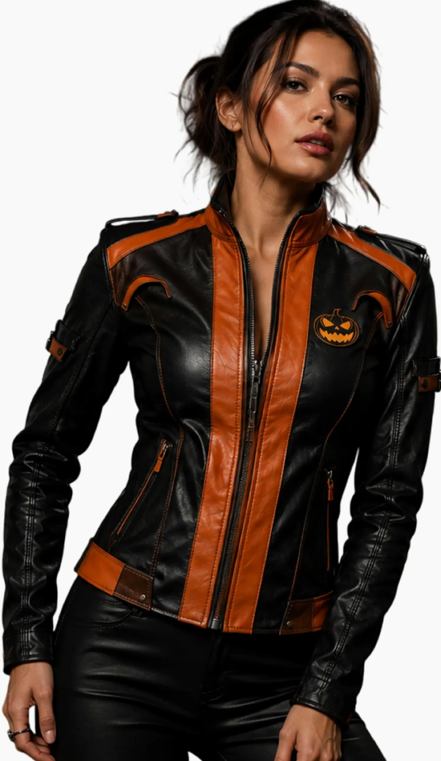 Damska skórzana kurtka na Halloween Jack O'Lantern Pumpkin Design - gotycki styl motocyklisty upiorny strój sezonowy