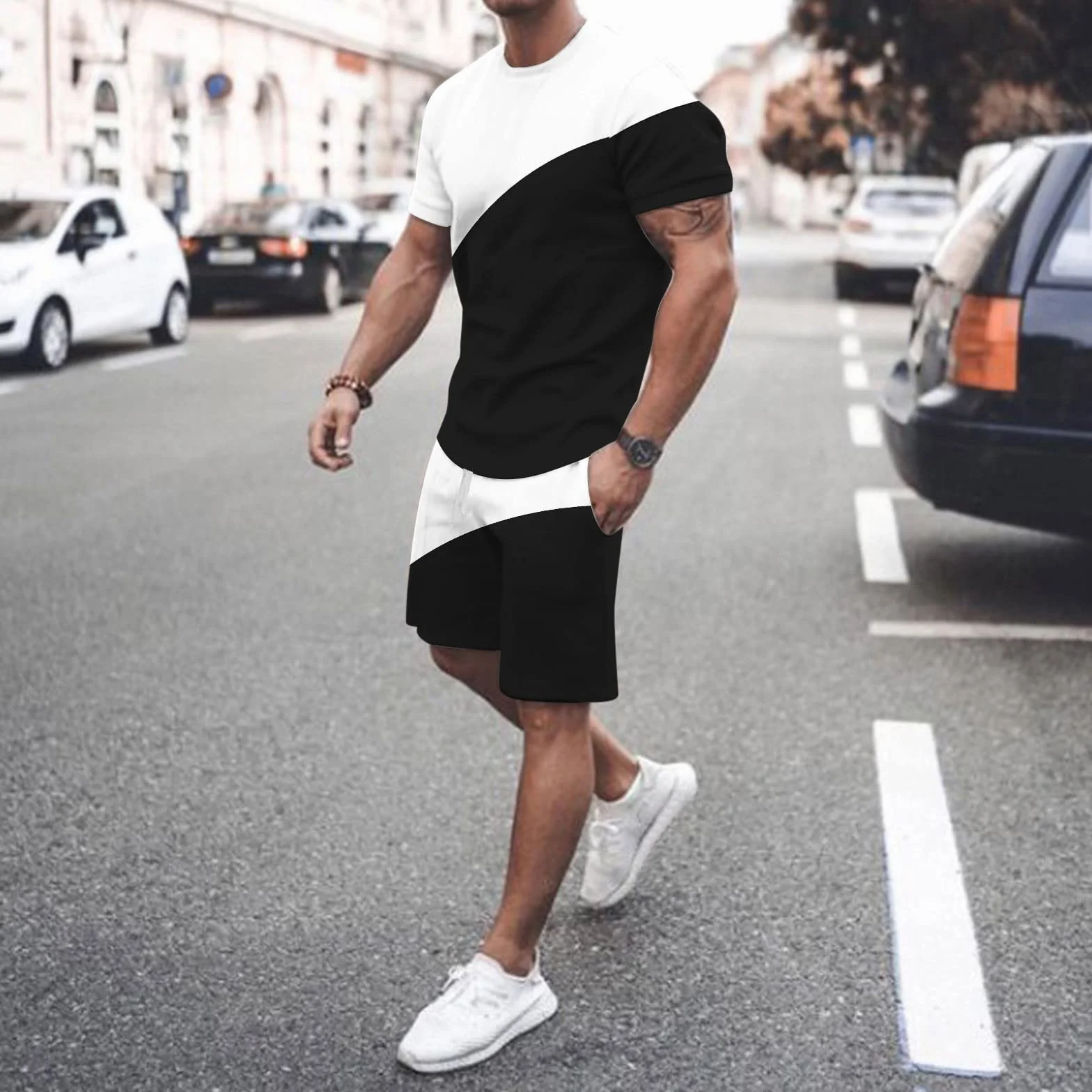 Letnie garnitury męskie eleganckie sportowe oddychające plus size bawełna szorty koszulki