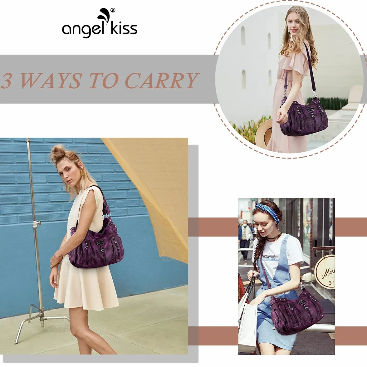 Angelkiss Duże torebki dla kobiet, sprane, sztuczna skóra, crossbody, hobo, na ramię