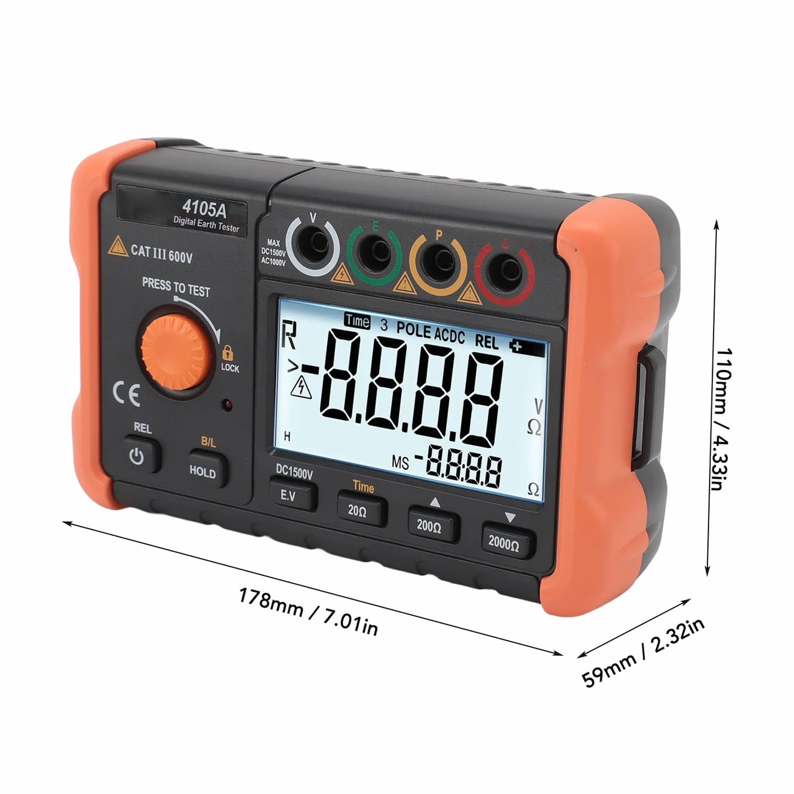 Miernik Rezystancji Uziemienia Wyświetlacz LCD 2000 zliczeń Tester Rezystancji z Pomiarem Napięcia Pasek na szyję 5 Kabli Testowych Przenośny 0, 1 Ω do 1999 Ω 0 V do 1000 V