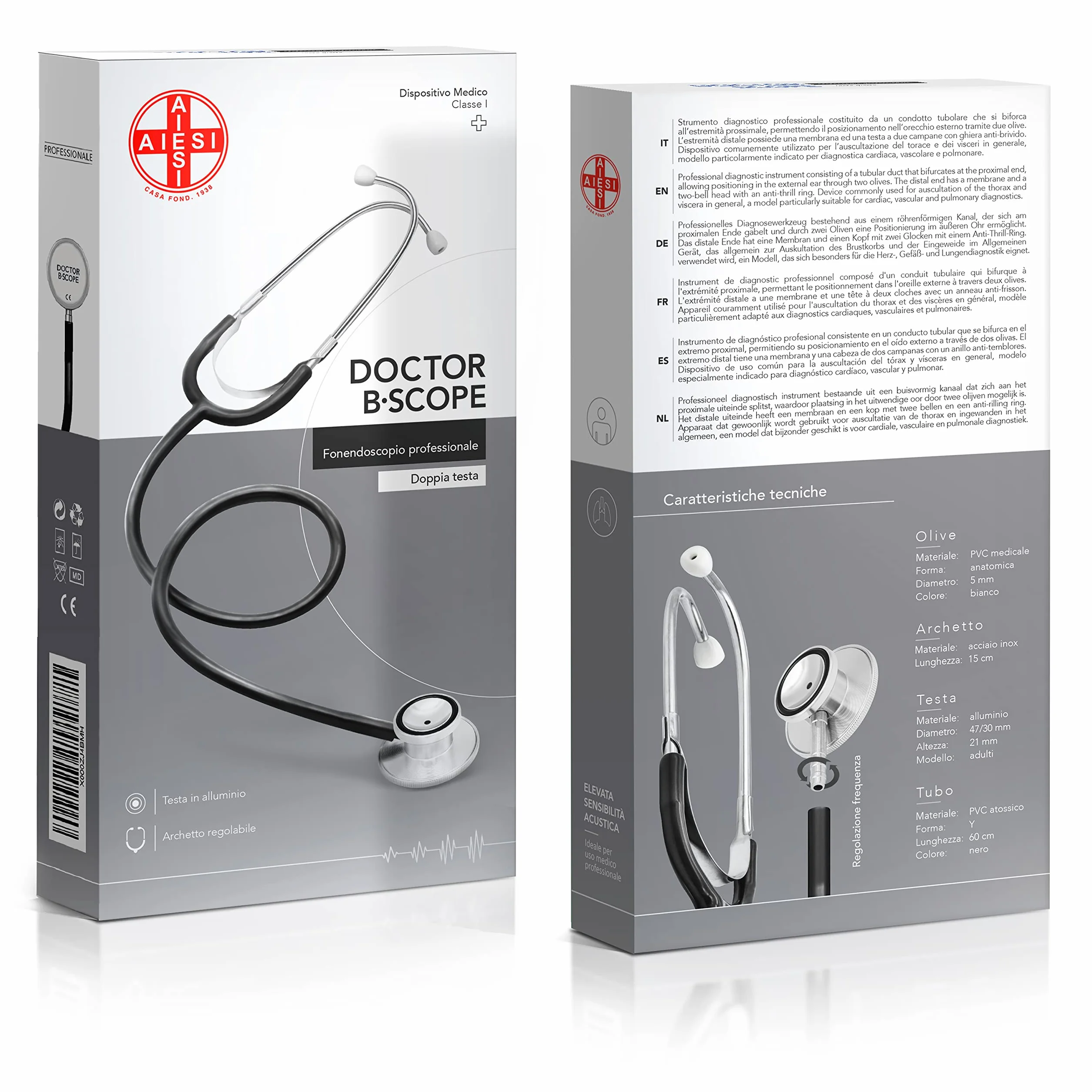 AIESI Stetoskop z Podwójną Głowicą dla Dorosłych, Doctor B-Scope, Czarny