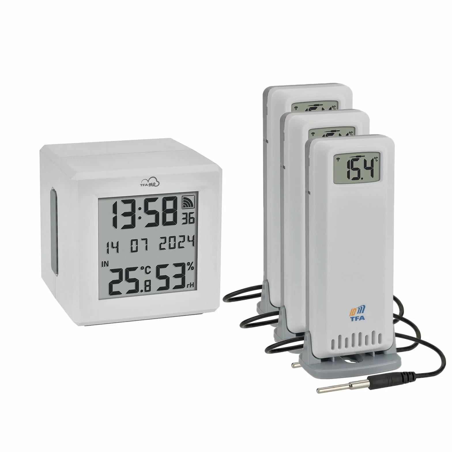 TFA Dostmann TFA.me zestaw startowy bramka z 3 nadajnikami temperatury, 35.8104, do monitorowania nadajników TFA-ID, w zestawie portal TFA.me do komputera/smartfona/tabletu, z czujnikiem kabla,