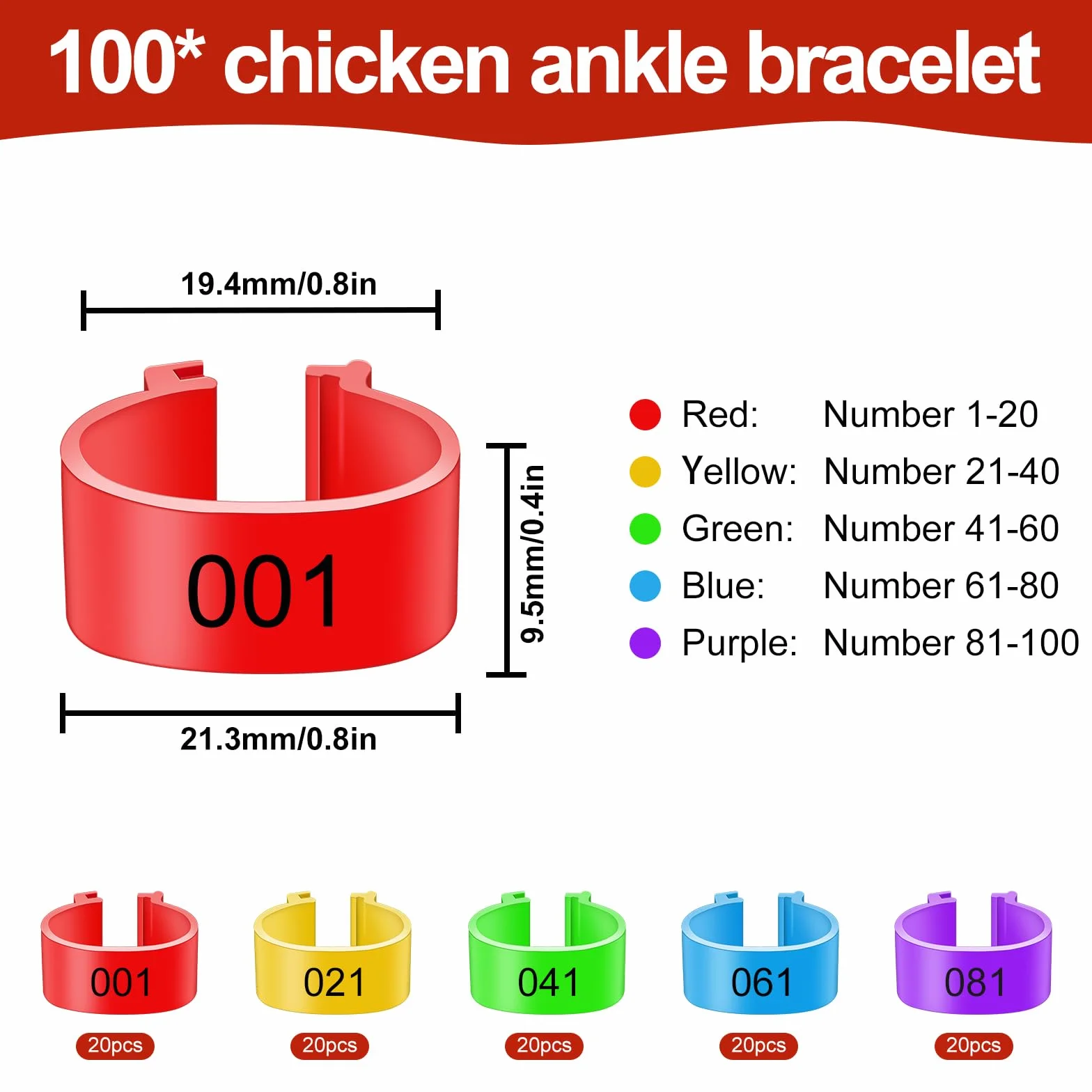 Pierścienie na nogi z kurczaka, 100 sztuk, pierścienie na nogę, 16 mm, bagnet, dla kur, w 5 kolorach, identyfikacja dla piskląt, ptaków, gołębi, papugi, przepiórek