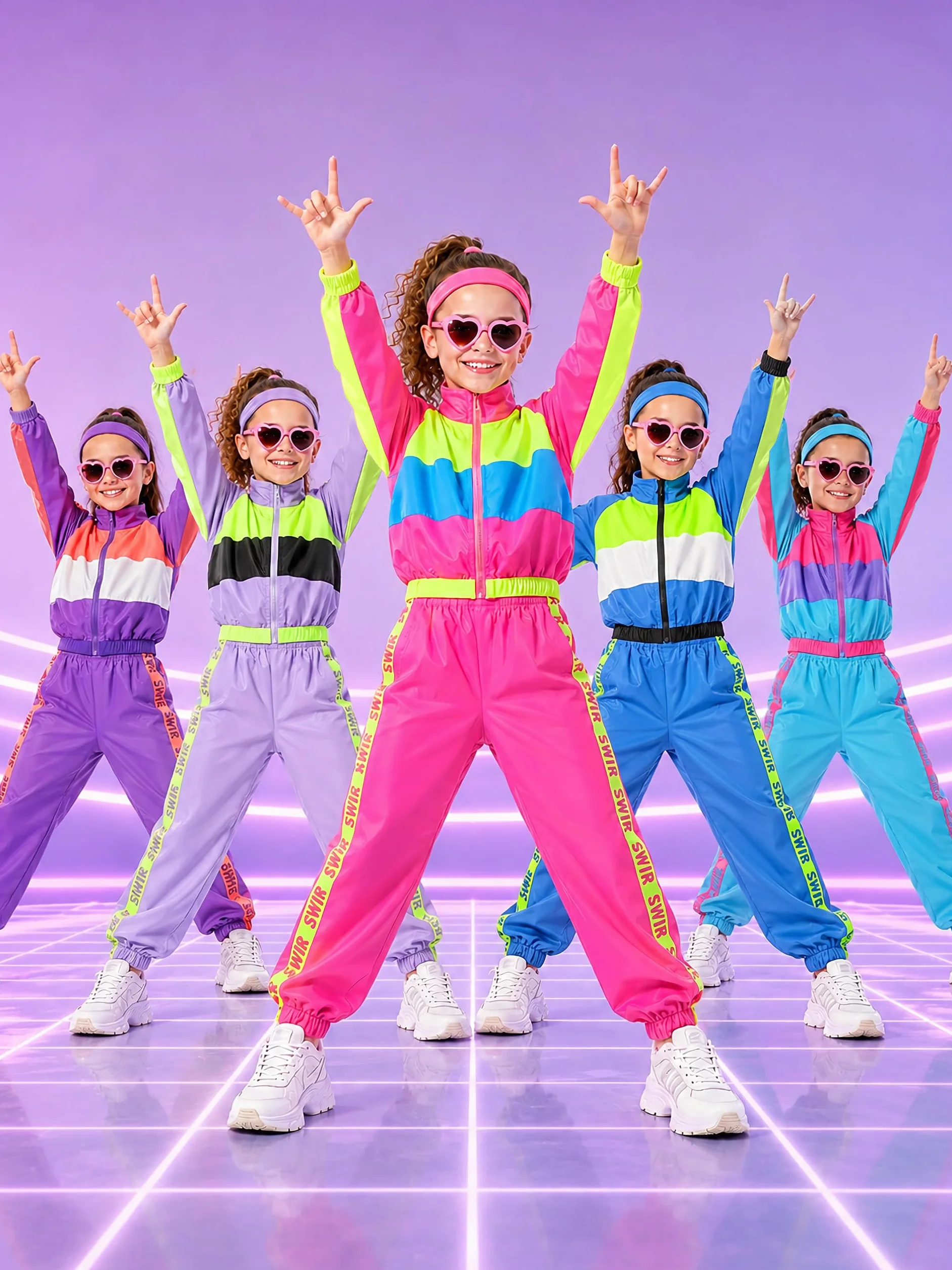 LOLANTA 3-częściowy zestaw odzieży hip-hopowej dla dziewczynek kostium taniec uliczny dla dzieci przycięta kamizelka fluorescencyjna zielona kurtka i spodnie dresowe