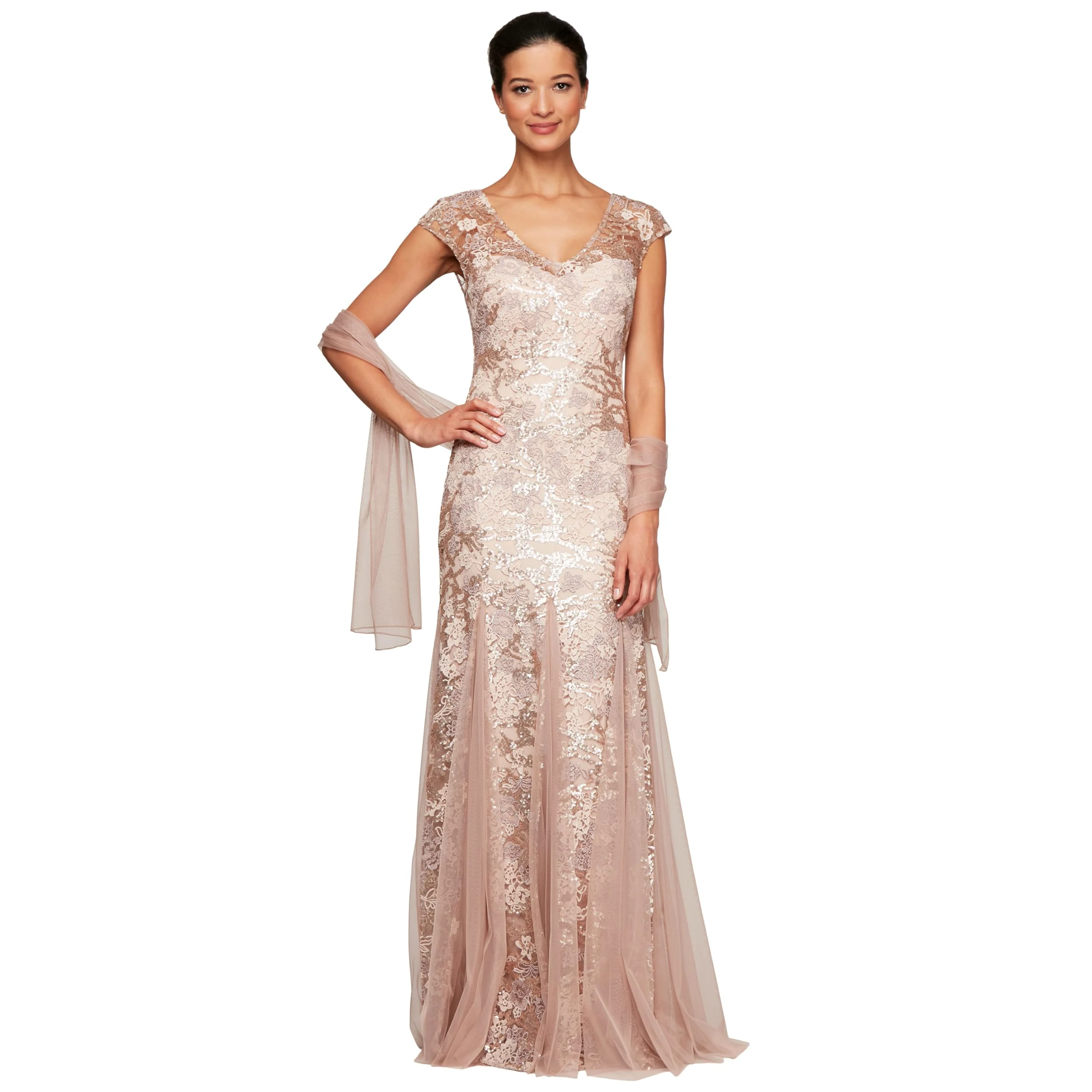 Alex Evenings Sukienka damski Embroidered Dress with Illusion Neckline