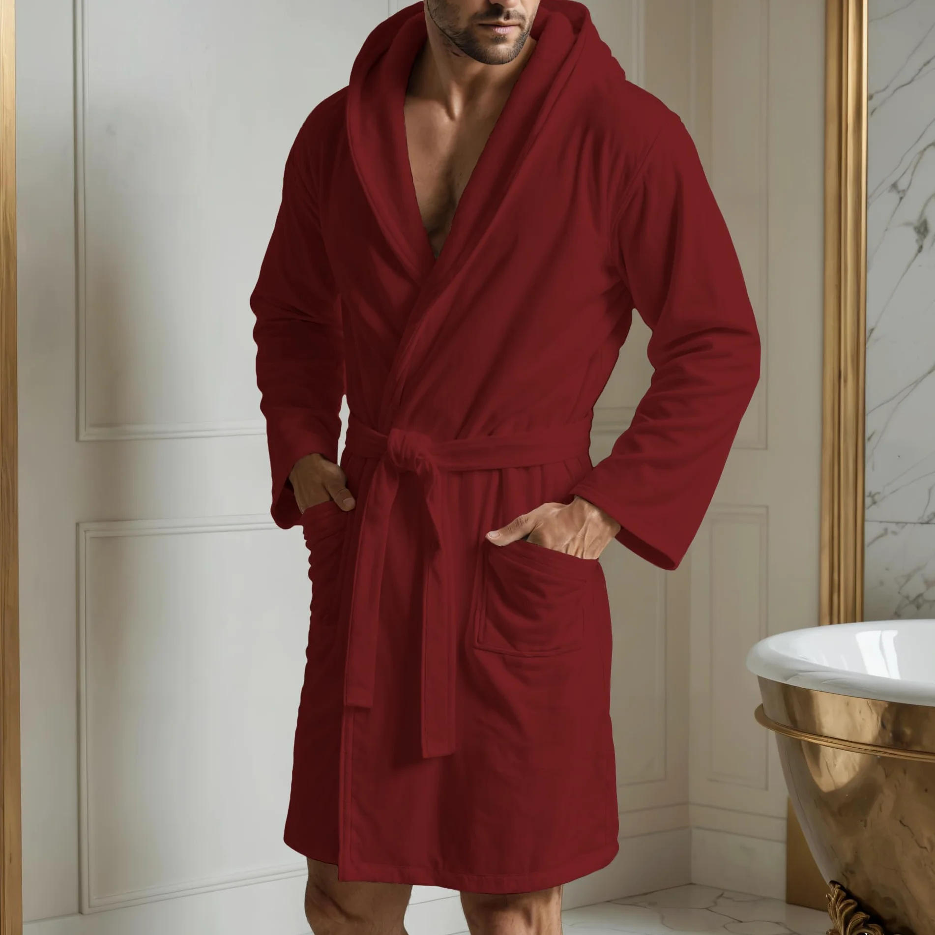 PETTI Artigiani Italiani Szlafrok z Mikrofibry Męski Damski z Kapturem, Kieszeniami, Paskiem, Unisex Szybkoschnący na Siłownię, Basen, Plażę, Spa, Bordowy, L