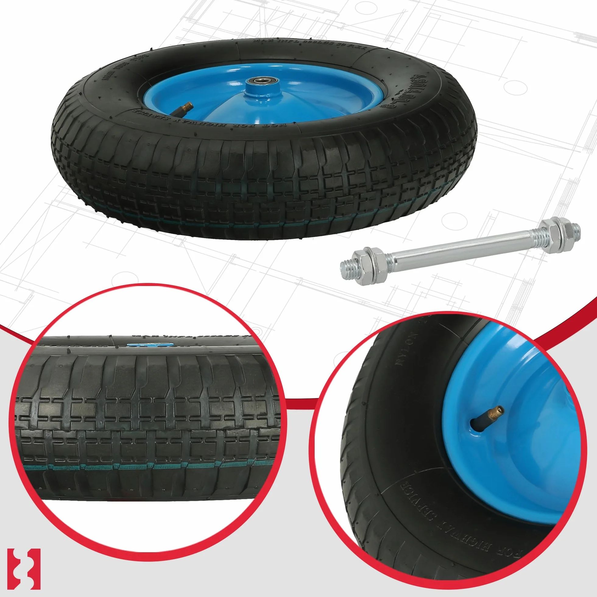 KOTARBAU® Koło do taczki z osią, płaszcz 4.80 4.00-8, koła do taczki, opony 4,80/4.00-8, koło do taczki 4.80/4.00-8, wzmocnione opony 6PR Ø 390 mm