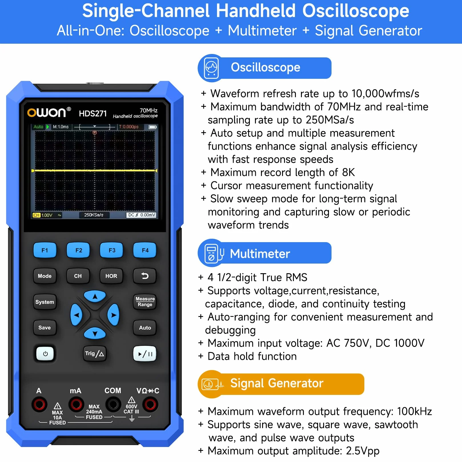 OWON HDS271 jednokanałowy oscyloskop ręczny, 3 w 1, 70 MHz, przenośny, cyfrowy, 24000 zliczeń z USB typu C i wyświetlaczem LCD 3,5 cala (oscyloskop + multimetr + generator