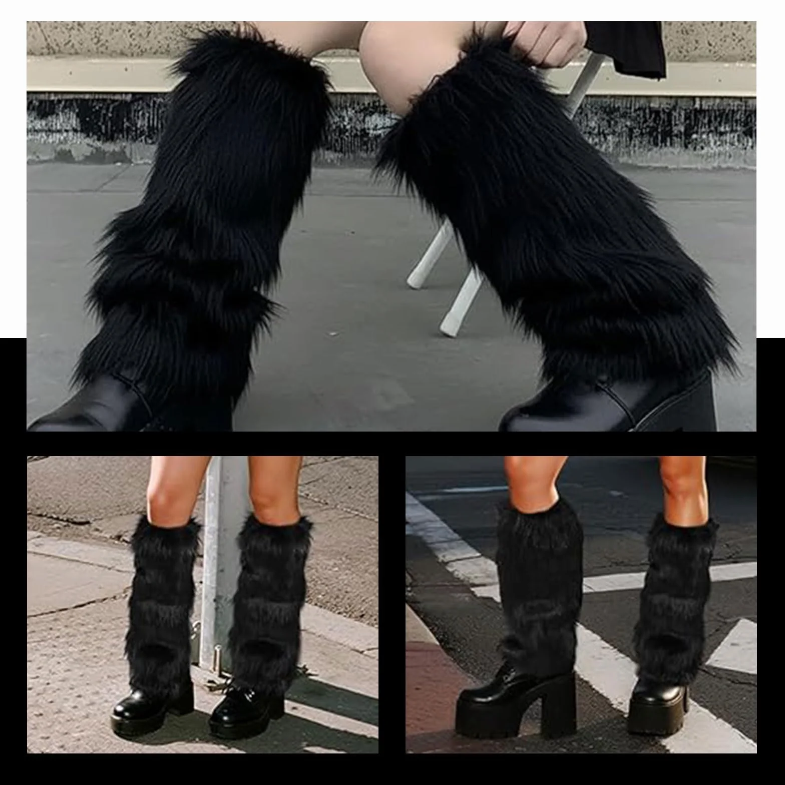 Ciepłe i puszyste legginsy, długie rękawy futrzane, ciepłe ochraniacze na buty dla kobiet i dziewcząt na imprezę z lat 80., festiwal, cosplay i na co dzień zimowy (czarne)
