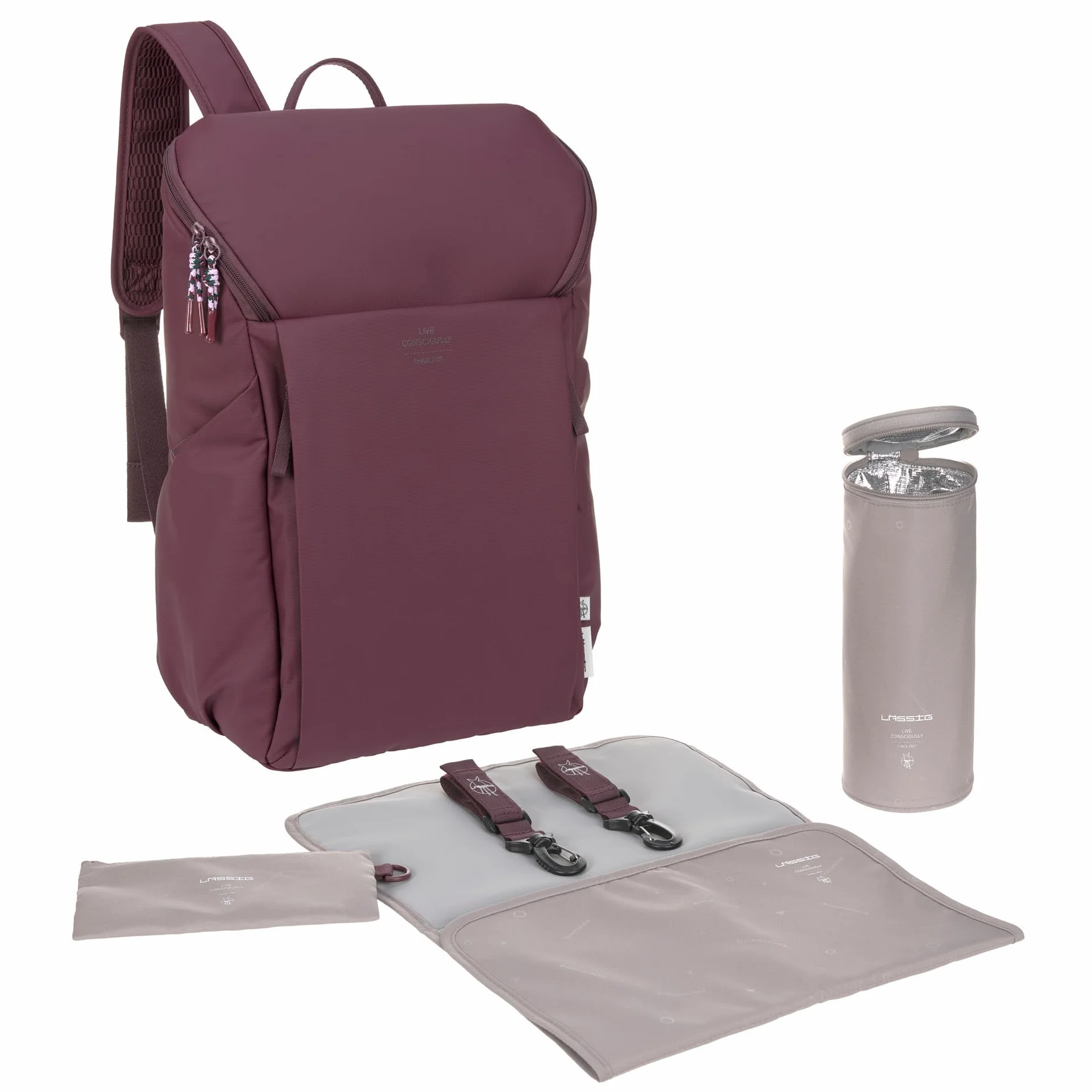 LÄSSIG Plecak do przewijania dla niemowląt z podkładką do przewijania, mocowaniem do wózka dziecięcego i uchwytem na butelkę/GRE Slender Up Backpack