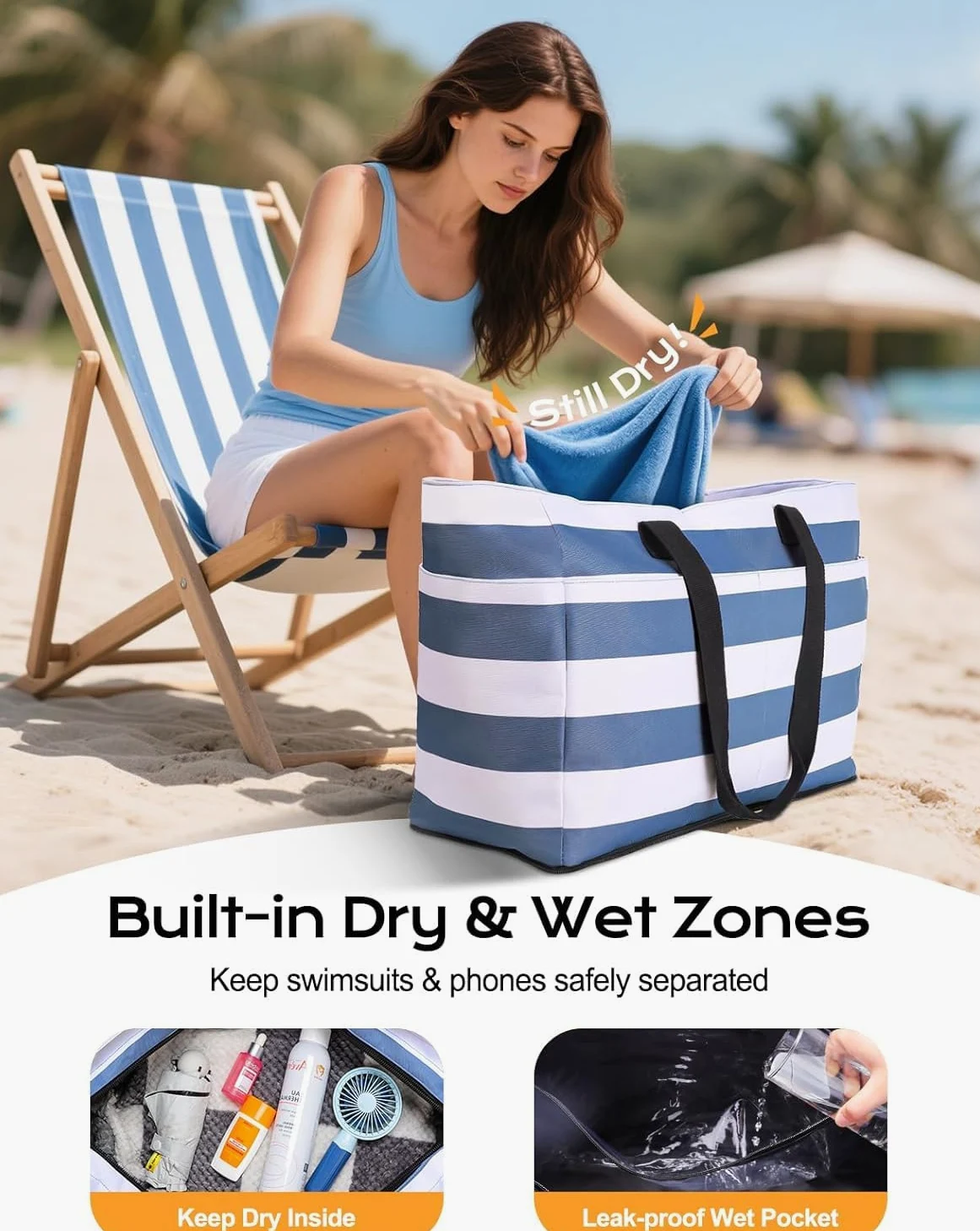 CIRYCASE Duża torba plażowa XXL z izolowaną chłodziarką, 54L wodoodporna składana torba plażowa dla kobiet/rodziny, przegroda na rzeczy suche i mokre oraz zapięcie na zamek błyskawiczny