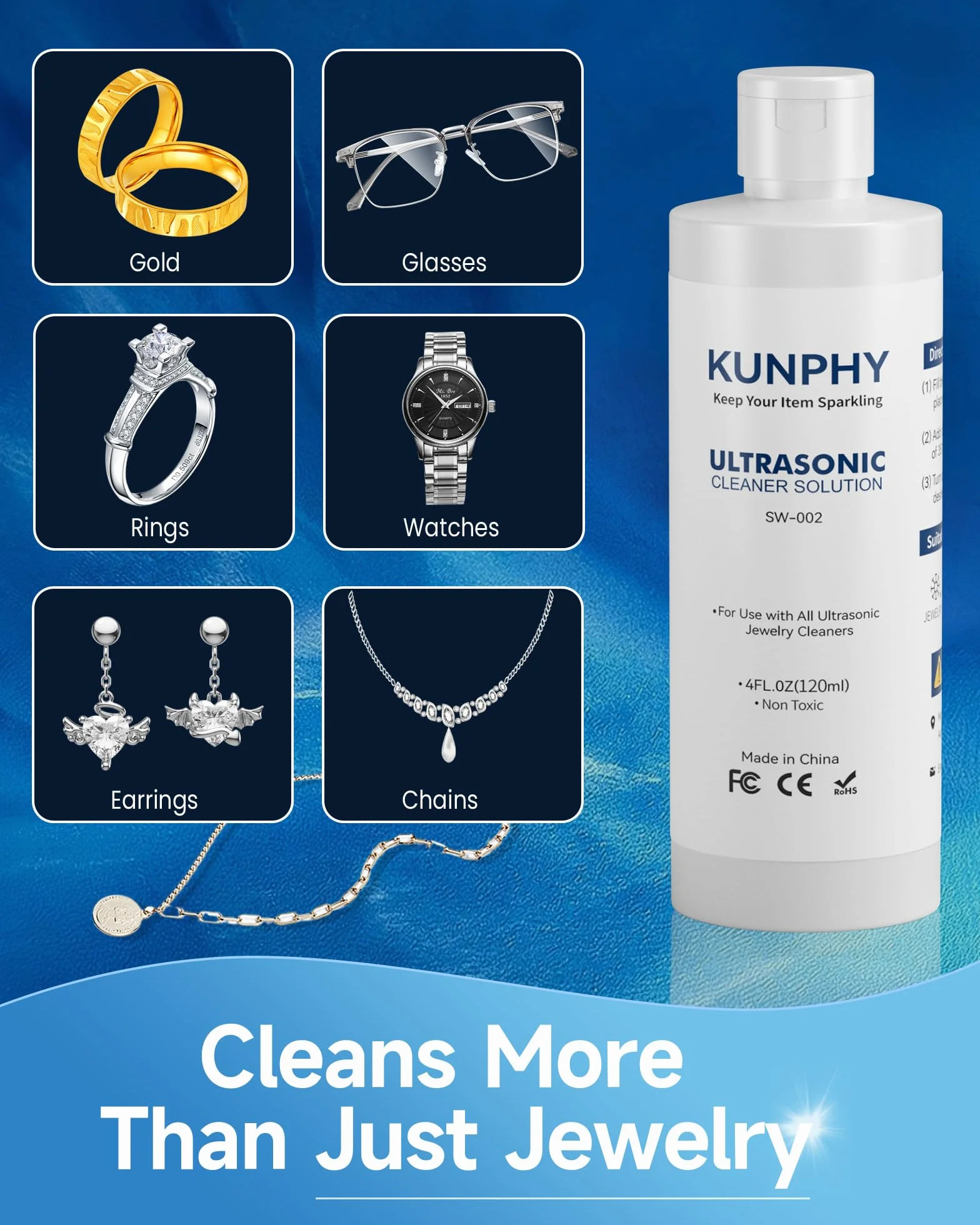 KUNPHY Koncentrat do myjki ultradźwiękowej [120ml] - środek czyszczący do urządzeń ultradźwiękowych - środek do czyszczenia biżuterii we wszystkich urządzeniach do czyszczenia ultradźwiękami