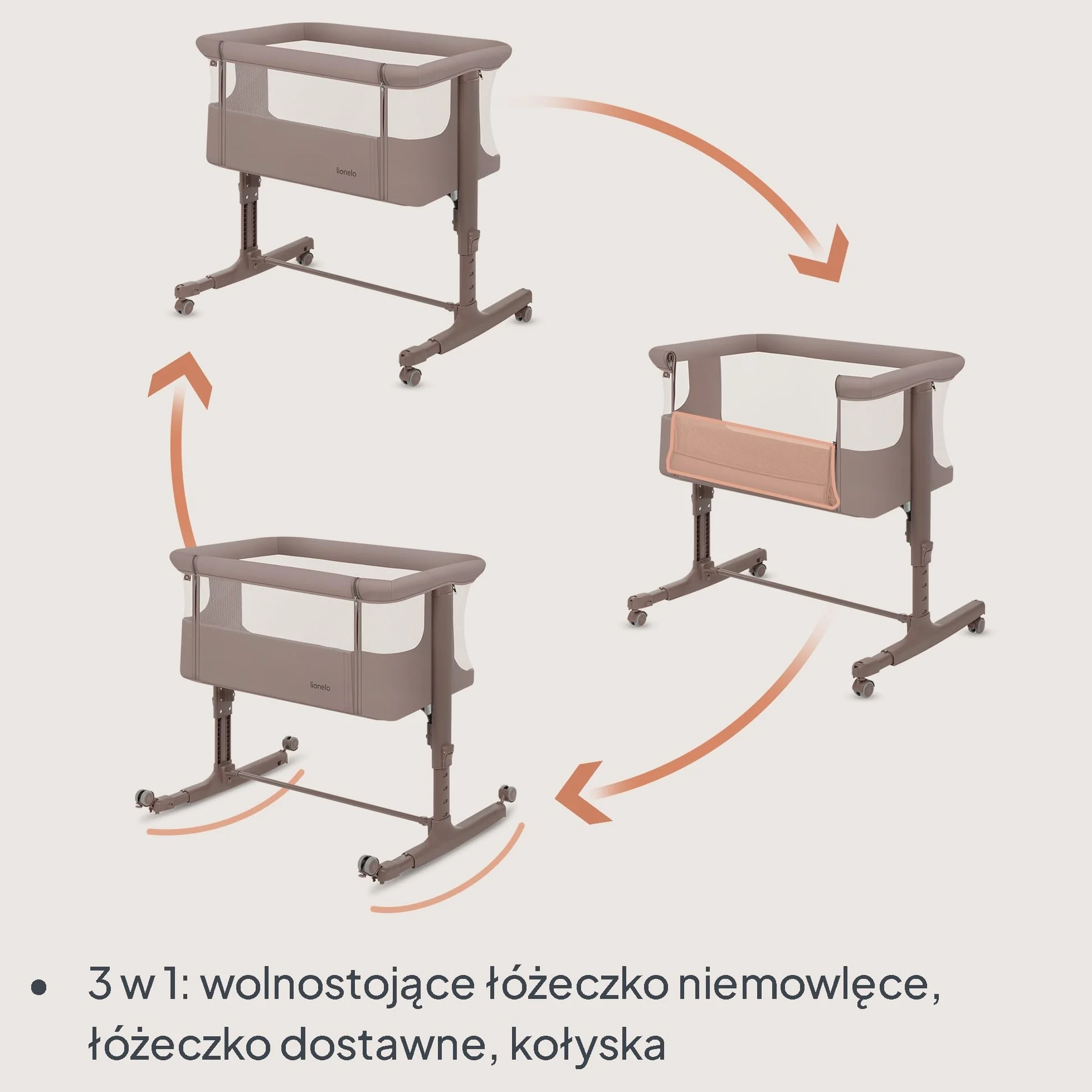 LIONELO Aurora 3 w 1 Łóżeczko Dziecięce do 9 kg, Łóżko Dostawne, Kołyska, Regulacja Wysokości oraz Kąta Nachylenia Materaca, 4 Kółka z Hamulcem Ergonomiczny Materac Torba (Szary)