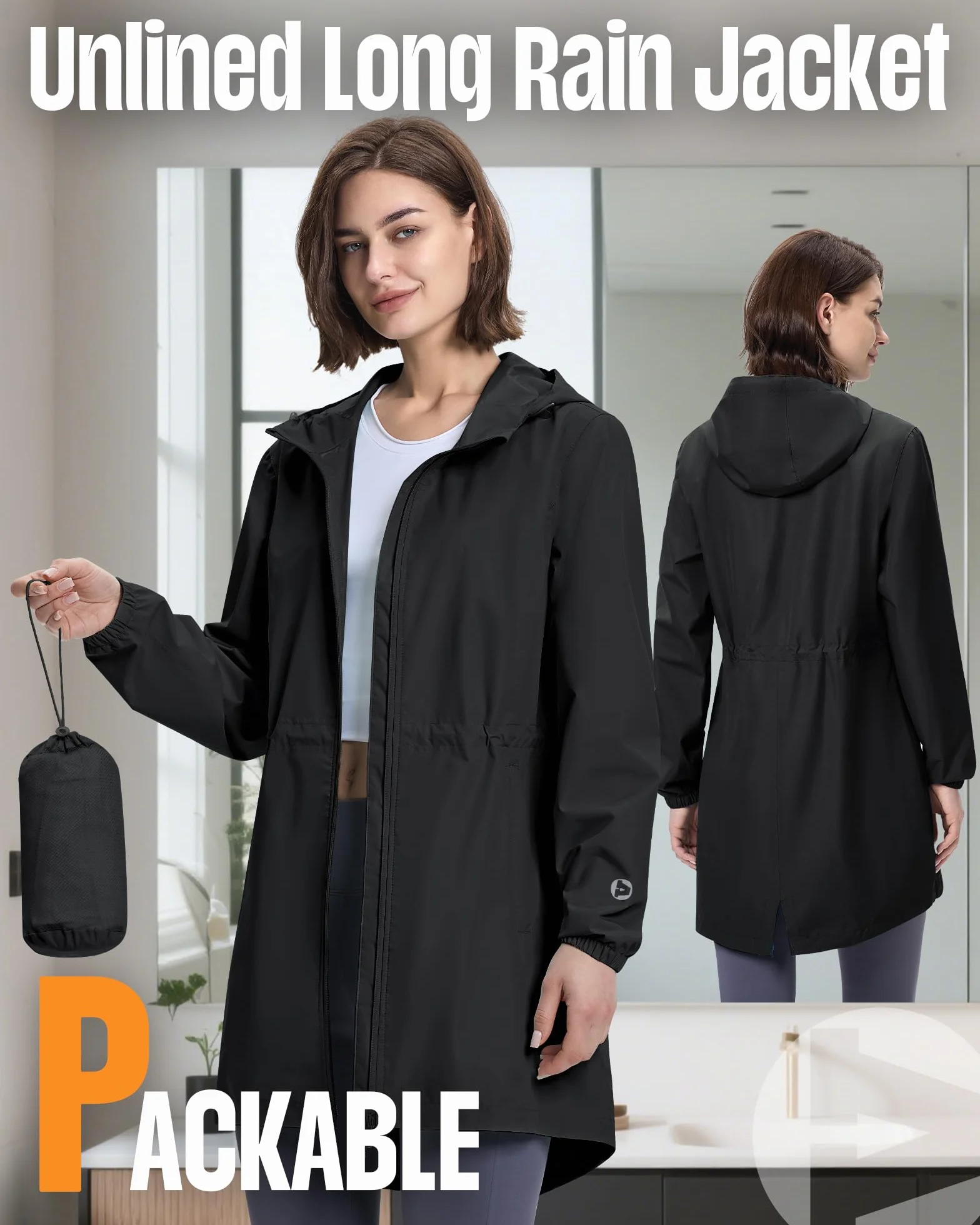 Outdoor Ventures Damska wodoodporna kurtka przeciwdeszczowa, długa, wiatrówka, kurtka przejściowa, lekka, oddychająca, kurtka outdoorowa, Raincoat parka przeciwdeszczowa z kapturem