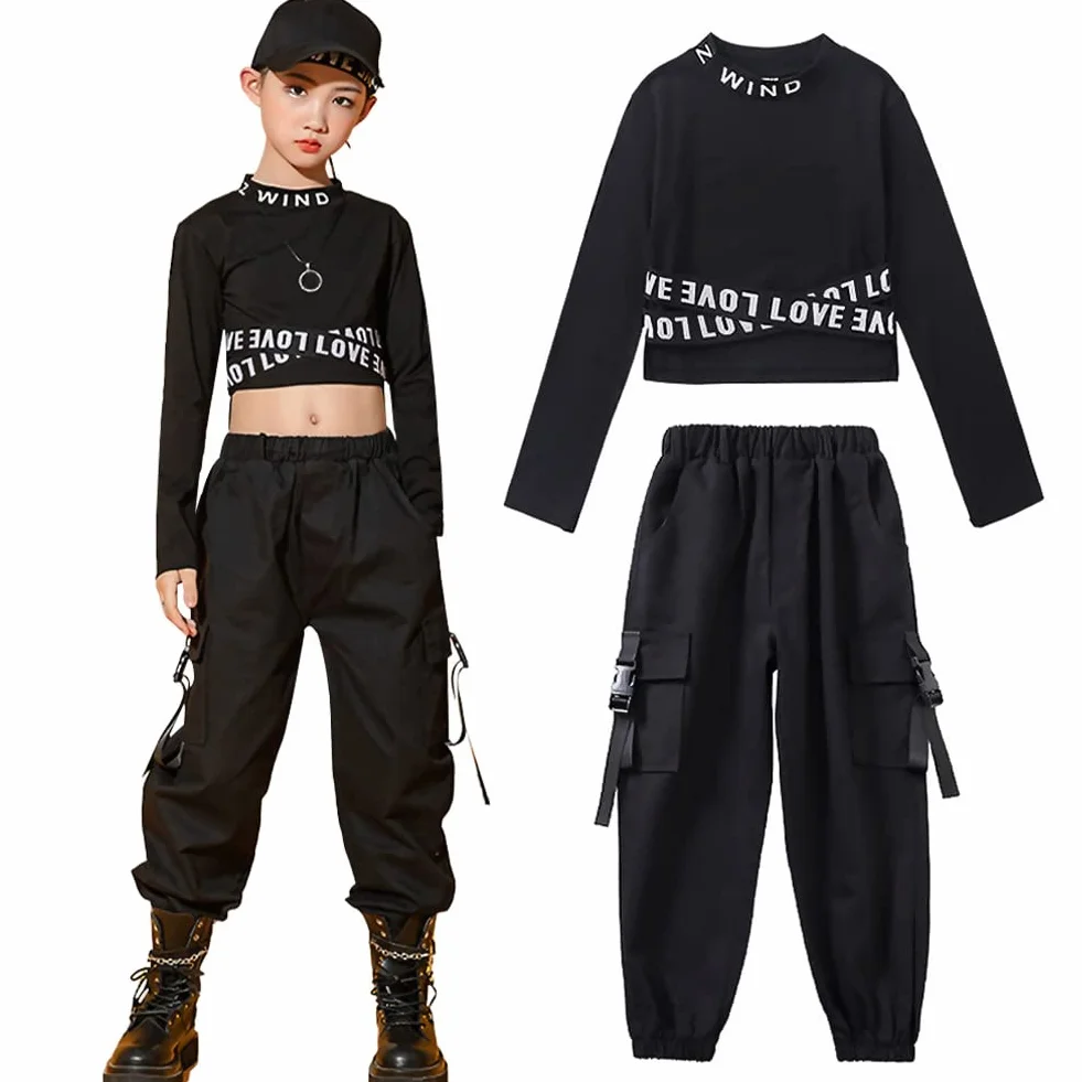 Dziewczęcy dres treningowy hip hop, 2-częściowy strój dla dzieci, strój do tańca ulicznego, top + spodnie cargo, t-shirt, spodnie do biegania, odzież do tańca, na wiosnę i lato