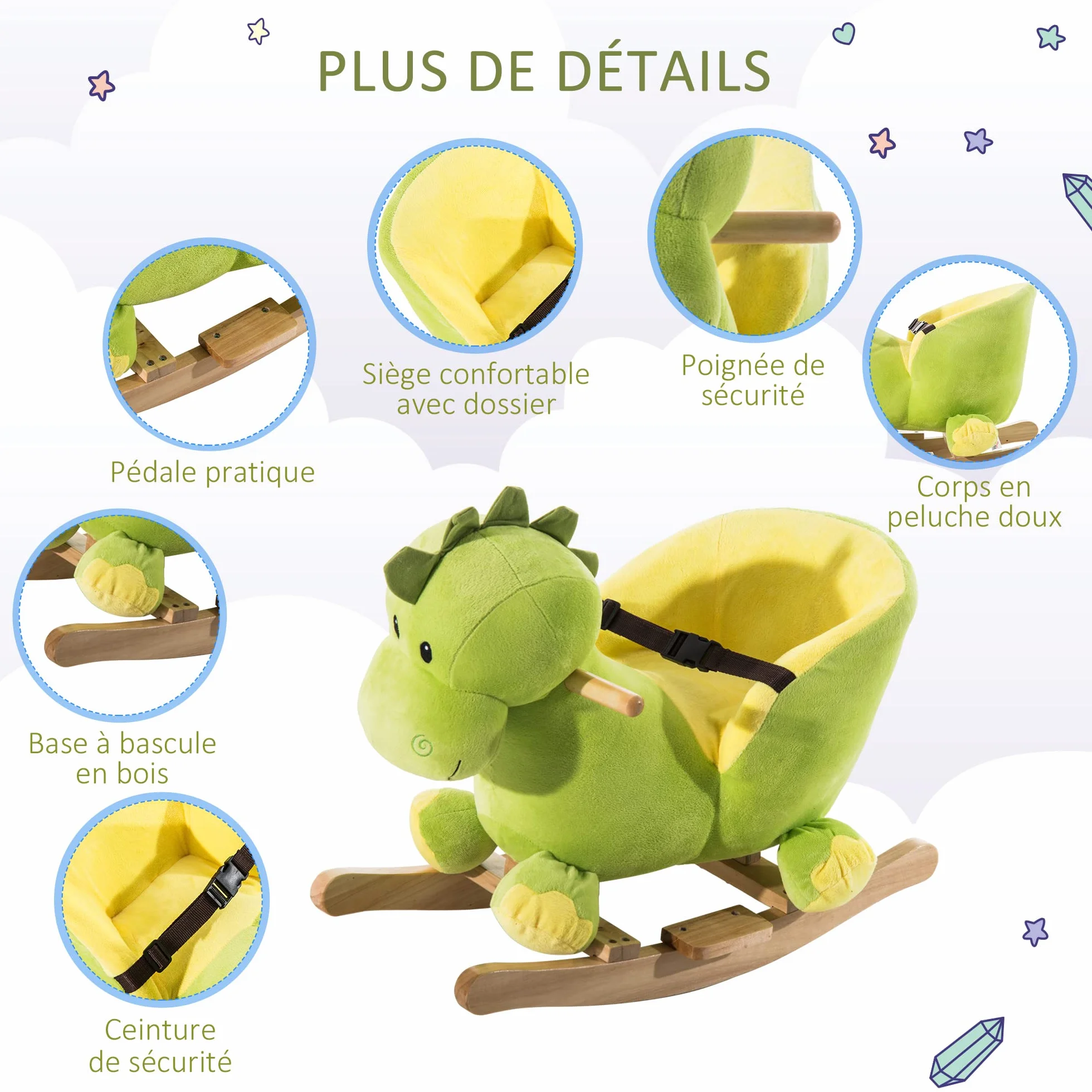HOMCOM Zabawka bujana dinozaur pas bezpieczeństwa efekt dźwiękowy 32 piosenki Wood Plush Green