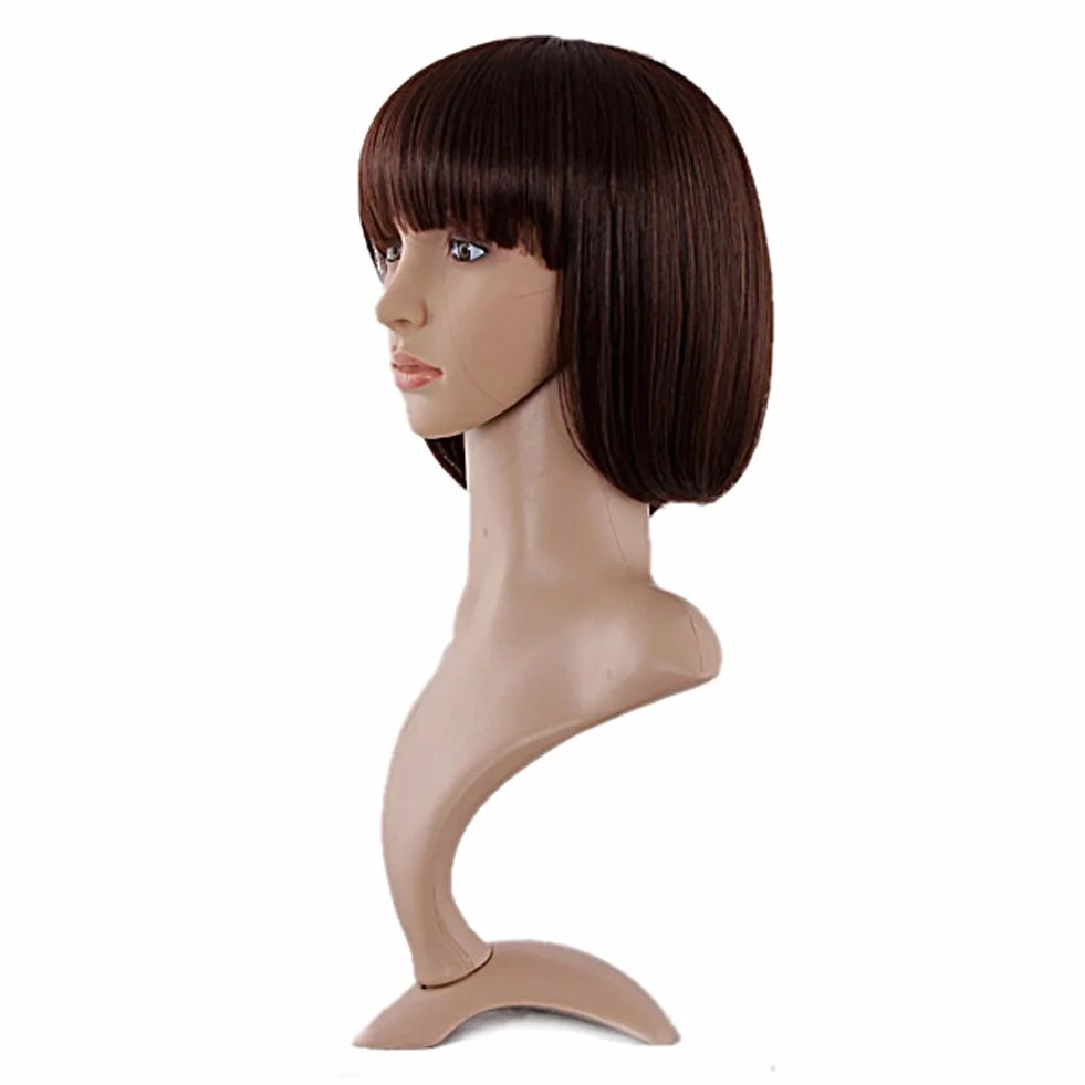 MapofBeauty 30cm Naturalne Damskie krotkie Proste Peruki Plaska Grzywka Bob Peruka (Ciemny Braz)