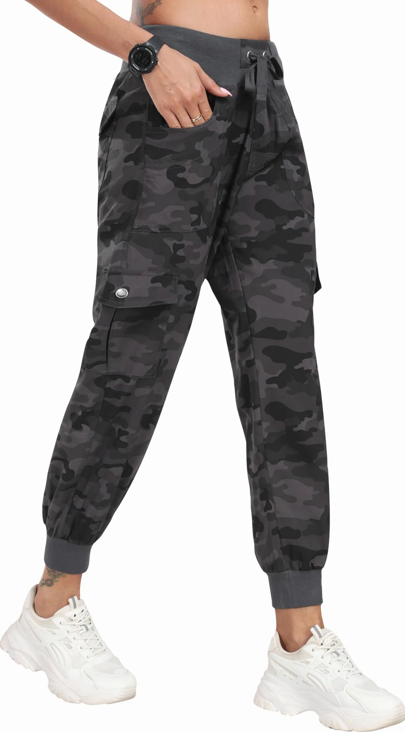 JINSHI Spodnie damskie cargo, długie spodnie Capri, spodnie rekreacyjne, outdoorowe, spodnie do biegania, wysoka talia, ze sznurkiem do ściągania, Tarngrau, M