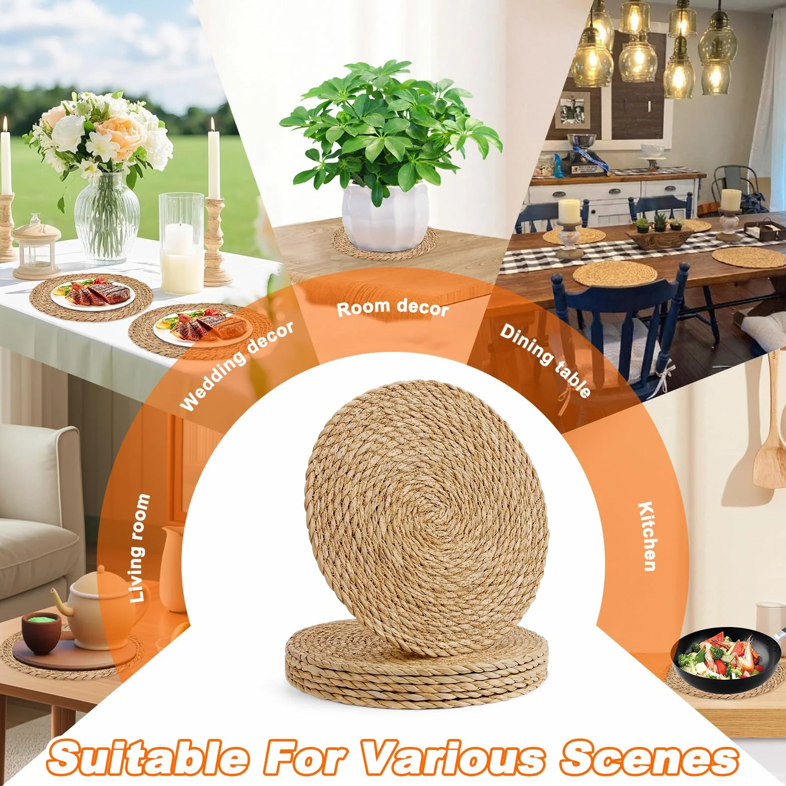 6 okrągłych podkładek z wikliny, okrągłe podkładki hiacynt wodny naturalna słoma 30 cm, pleciona podkładka okrągła boho elegancki stół stołowy na stół jadalny, dom, wesela