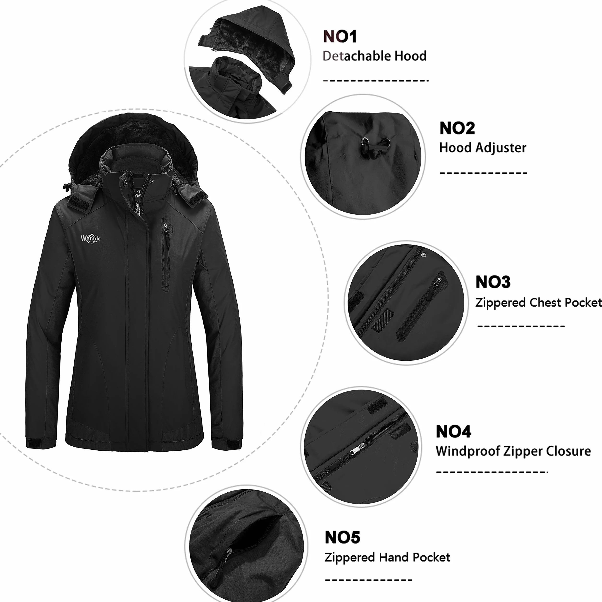 Wantdo Damska zimowa kurtka narciarska, ciepły płaszcz polarowy, kurtka snowboardowa, outdoorowa, kurtka wiatrówka z kapturem