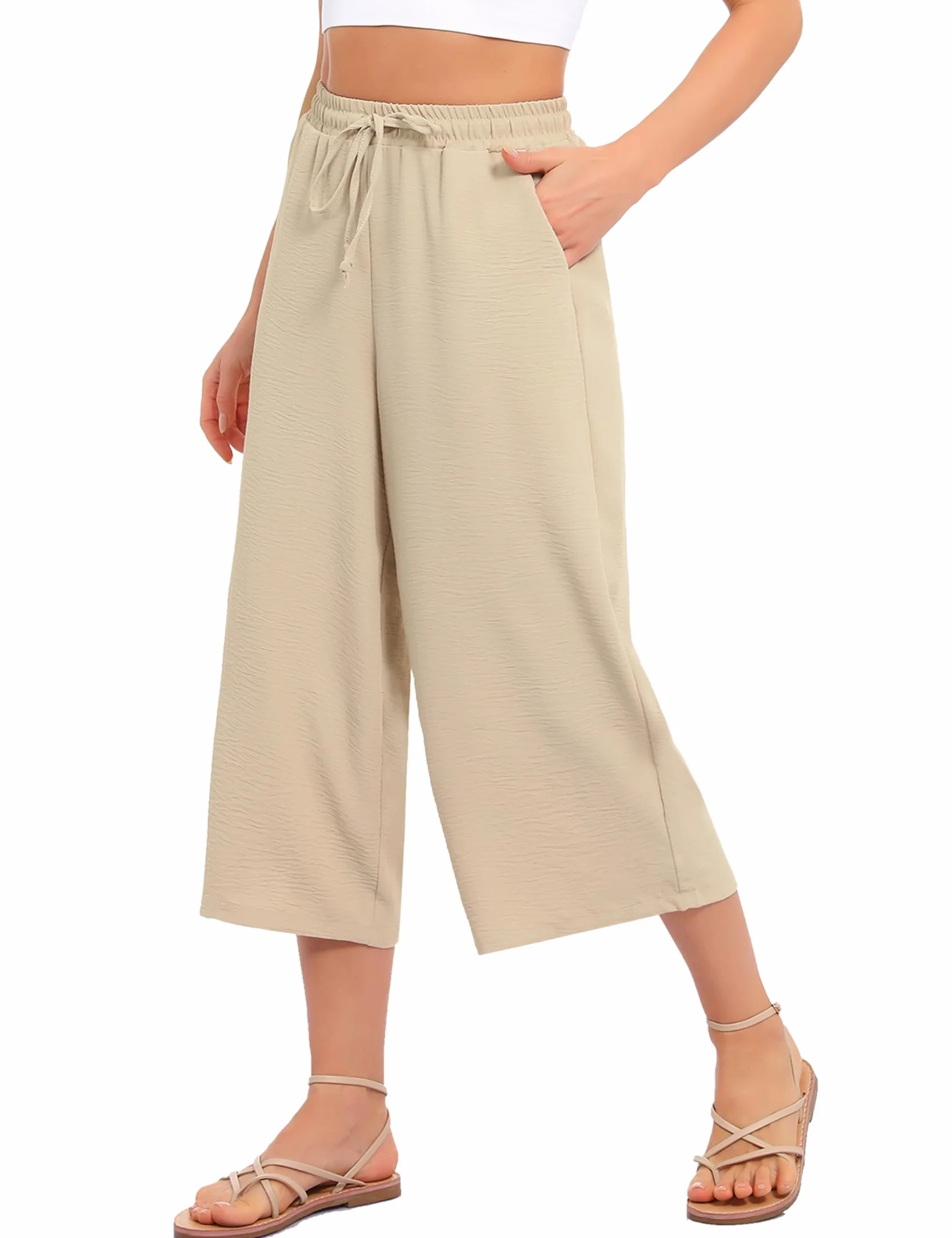 Damskie spodnie 3/4 na lato, lekkie spodnie rekreacyjne, spodnie Palazzo, wysoka talia, ze sznurkiem, jednokolorowe, letnie spodnie plażowe z kieszenią, S-XXL