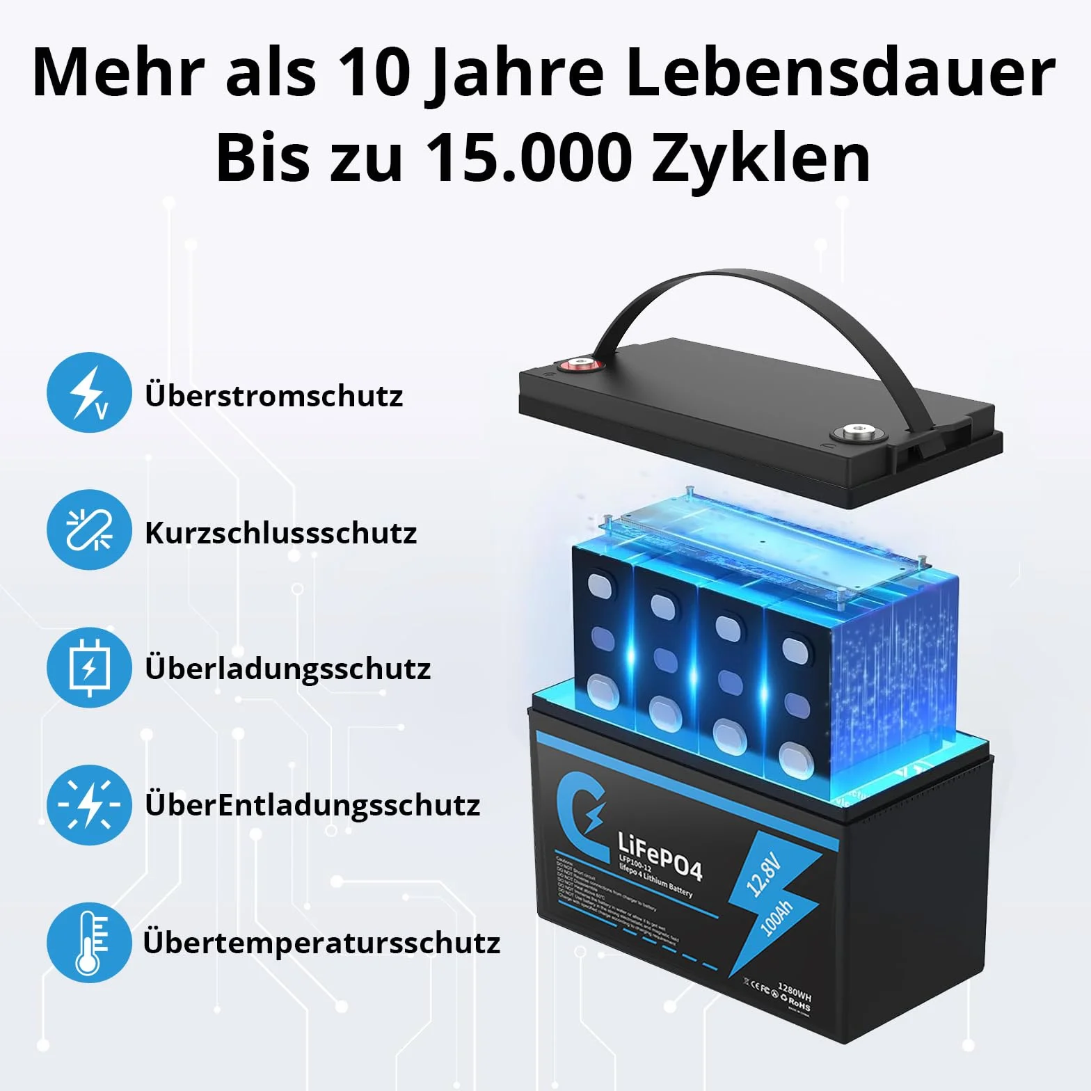 Bateria litowa Lifepo4 100 Ah 12 V z głębokim cyklem ładowania Akumulator 12,8 V 100 Ah z zabezpieczeniem BMS 15000 cykli Idealny zamienny akumulator ołowiowy Nadaje się do samochodów kempingowych i s