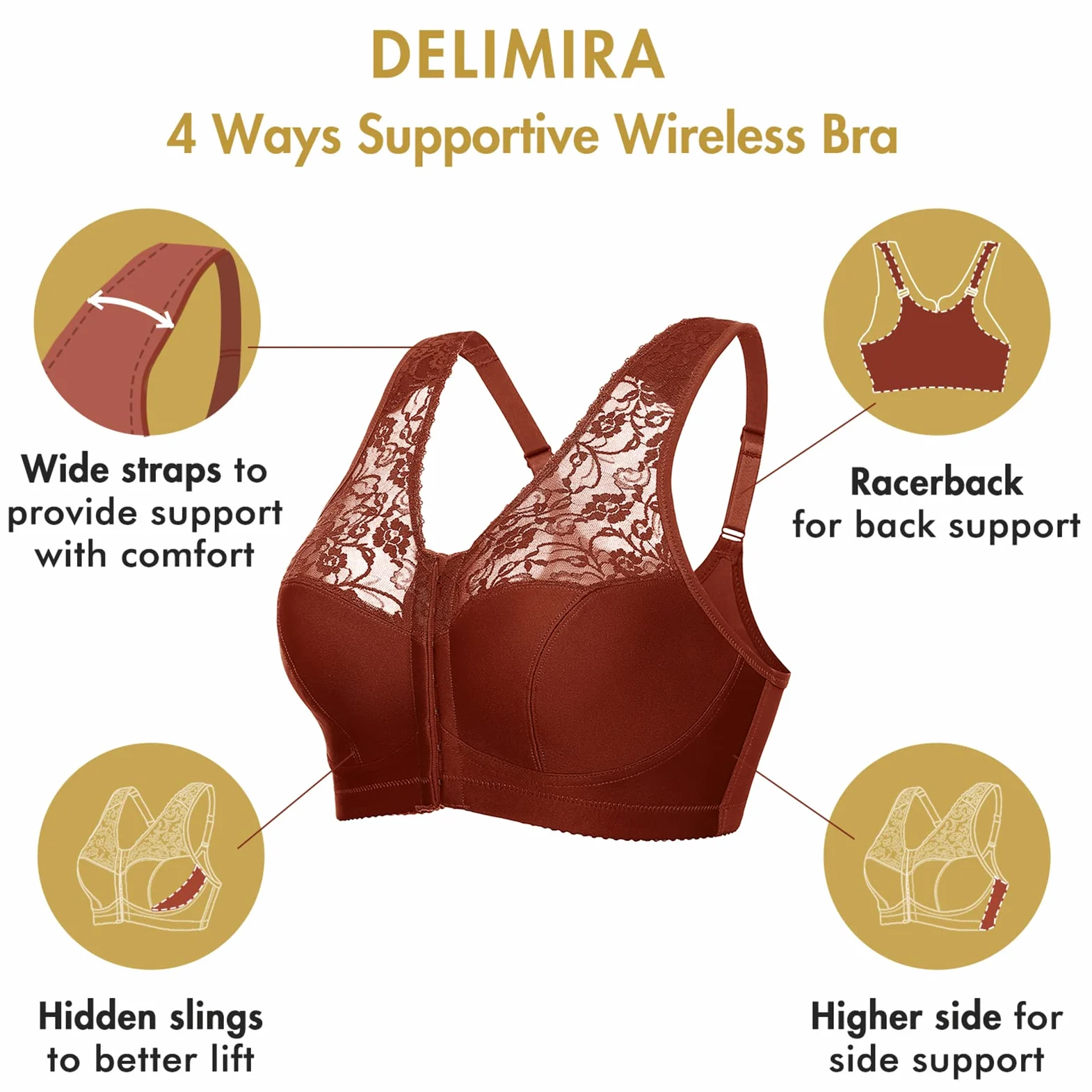 DELIMIRA Biustonosze Damskie Zapinane Z Przodu Racerback Plus Size Bezprzewodowe Koronkowe Biustonosze Z Pełnym Pokryciem