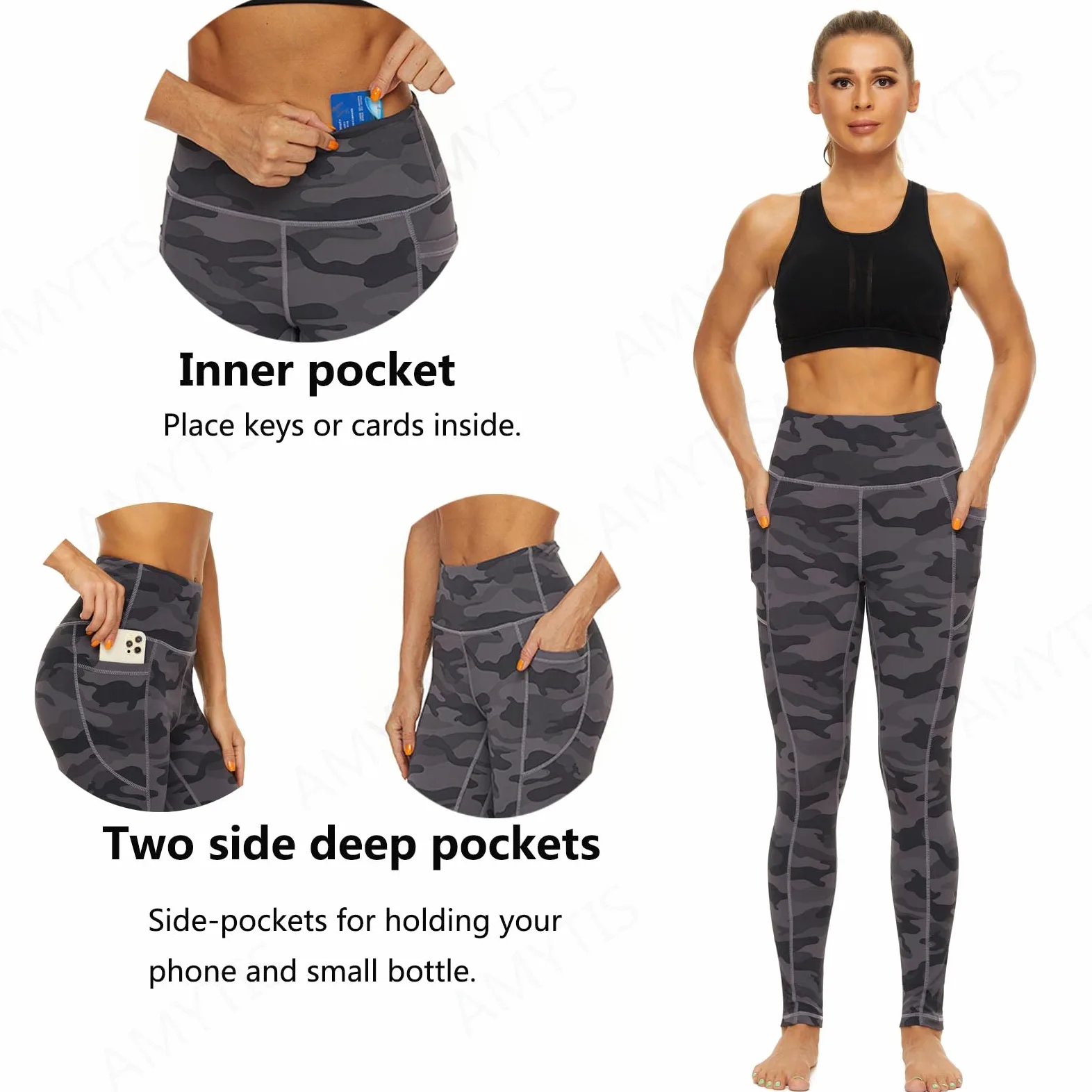 AMYTIS Sportowe legginsy damskie z wysokim stanem, spodnie do jogi z kieszeniami, długie spodnie sportowe, nieprzezroczyste, legginsy sportowe