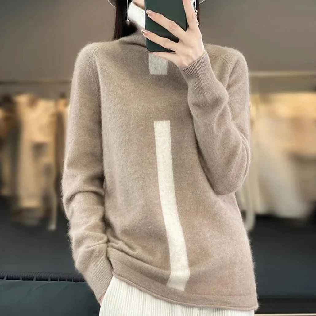 Sweter Damski Z Dzianiny Wełnianej, Golf, Długi Rękaw, Blok Kolorów, Swobodny, Jesienno-Zimowy, Ciepły-Beige-X-Large