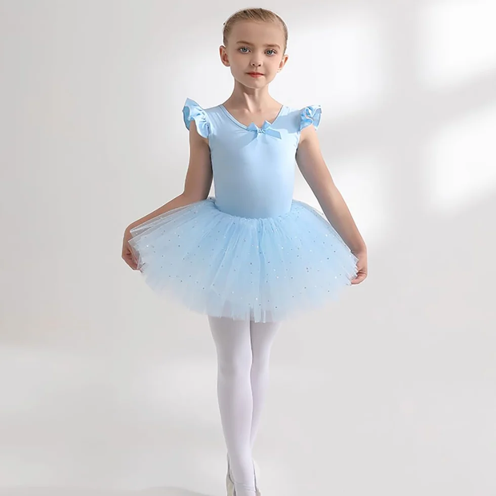 Dziewczęca sukienka baletowa spódnice tutu dla dziewczynek 4-warstwowe tiulowe body do tańca baletowego Leotard sukienka gimnastyczna z krótkim rękawem balerina dla dziewczynek