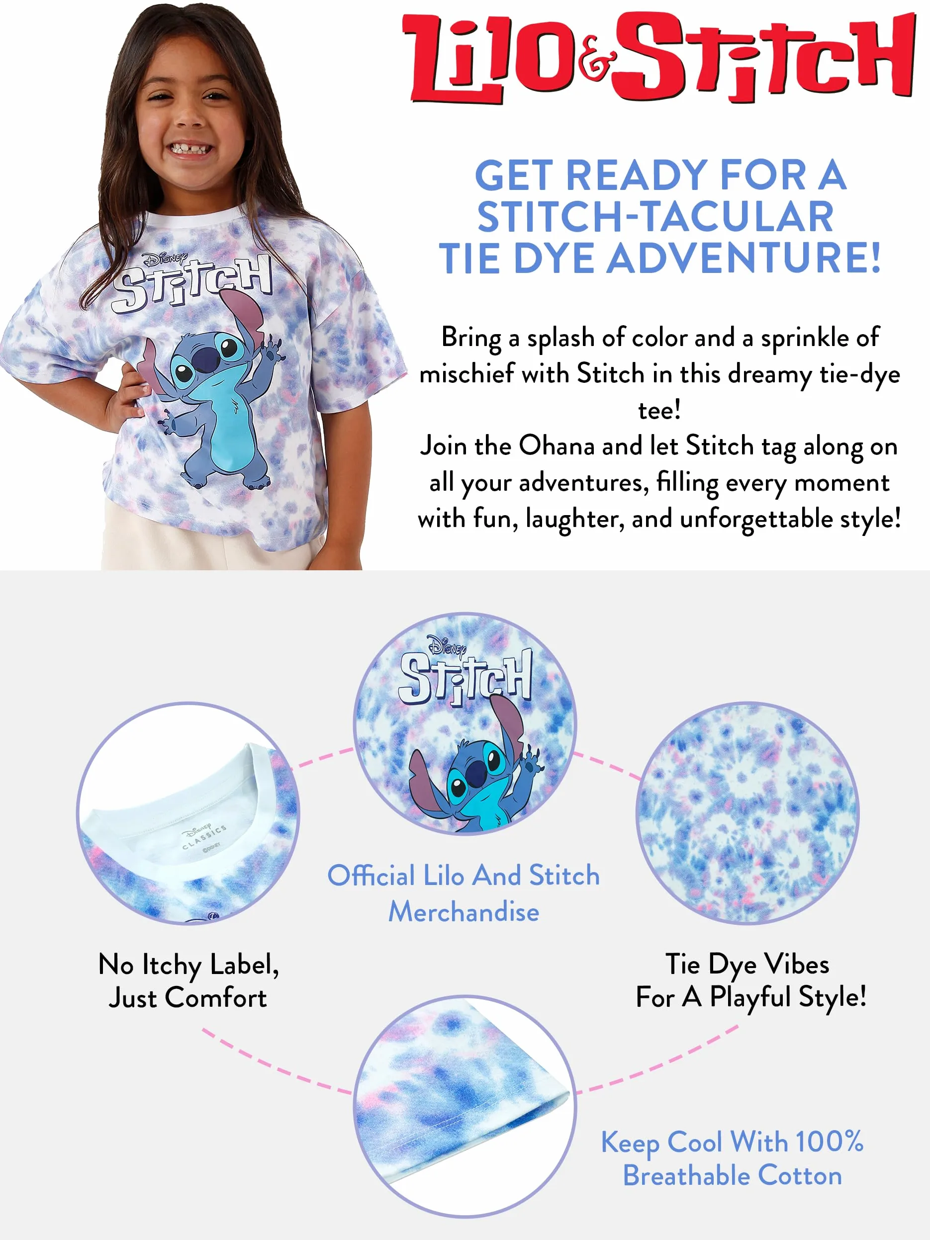 Disney Lilo i Stitch Koszulka | Ubrania w stylu Tie Dye z postacią Stitcha dla dzieci | Oficjalne prezenty Lilo i Stitch dla dziewczynek