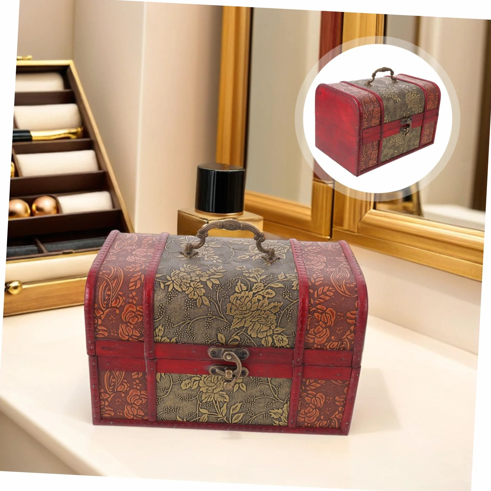 jojofuny Antique Wooden Jewelry Box Large Retro Treasure Chest with Lock for Storing Rings Necklaces Earrings Decorative Storage Organizer for Women