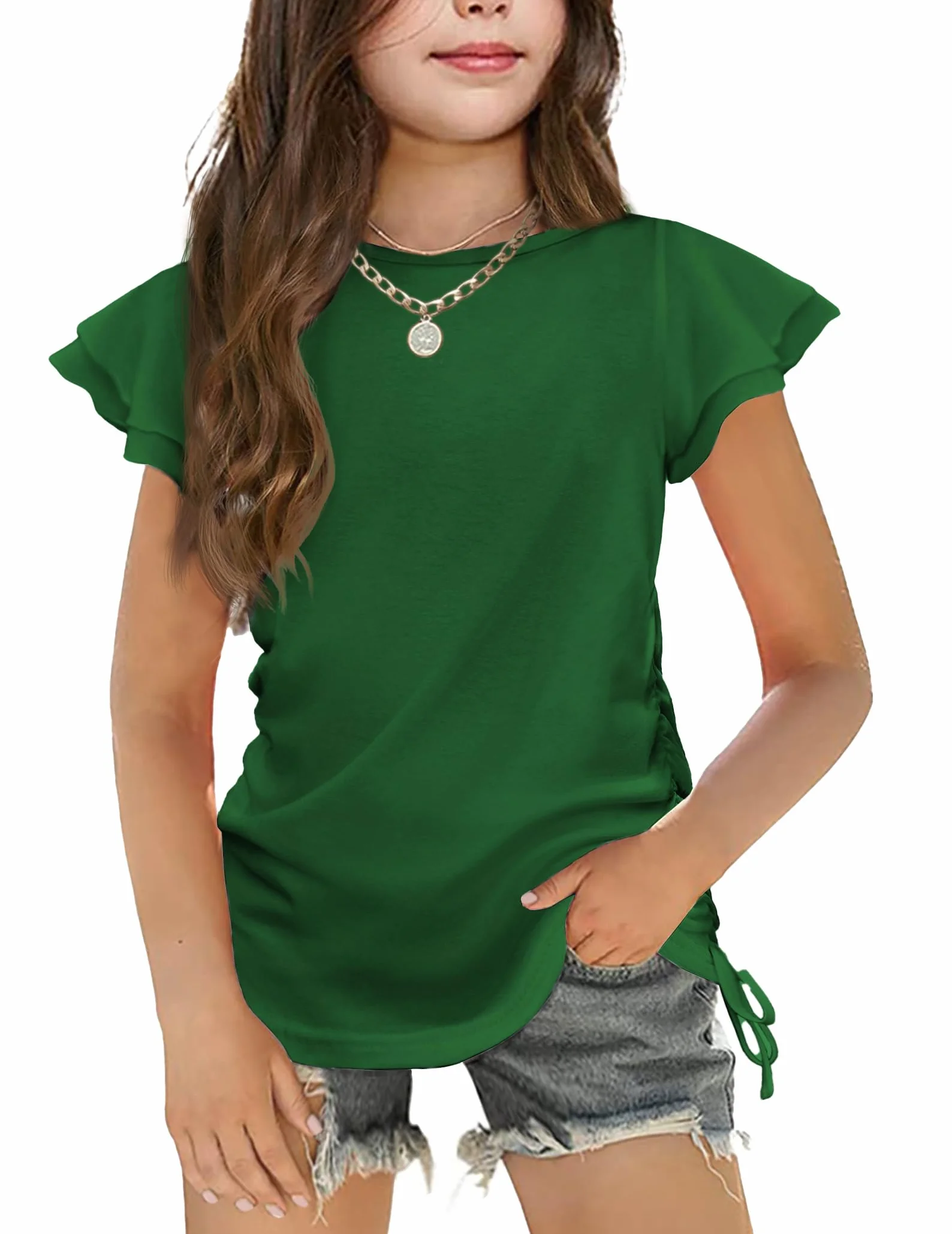 Arshiner Dziewczęcy T-shirt z falbankami, dziecięcy t-shirt z okrągłym dekoltem, luźny top, odzież dziecięca ze sznurkiem ściągającym, 5-12 lat