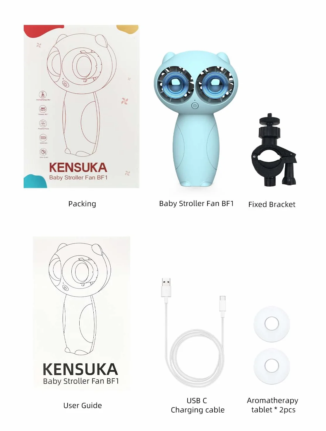 Wentylator Do Wózka z Aromaterapią, 360° Regulowany, Wyjmowany Klips Uniwersalny, Bateria 6000mAh USB, 3 Prędkości Wiatru, Bezpieczny dla Dziecka, Idealny do Wózków Dziecięcych